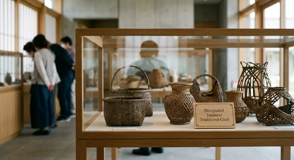 Historic and artistic bamboo crafts displayed in glass cases at the Beppu City Traditional Bamboo Crafts Center in Oita.