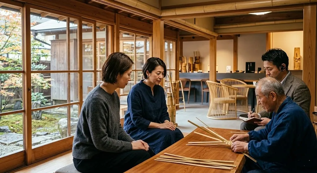 Two HNW travelers learning bamboo weaving from a takumi master in a calm, traditional Japanese atelier with a translator present.
