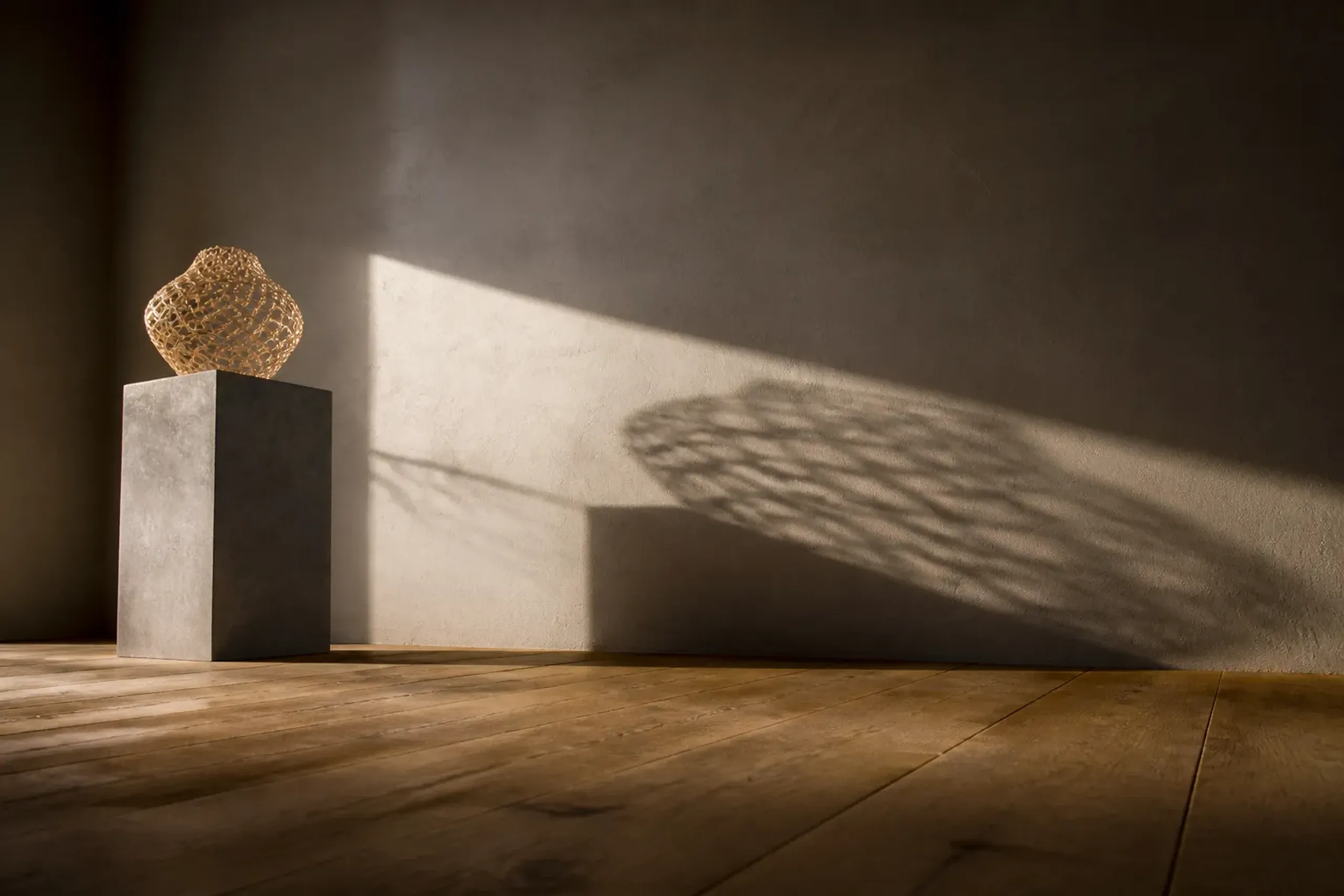 A modern, minimalist interior space featuring a complex and elegant Beppu bamboo art sculpture on display.
