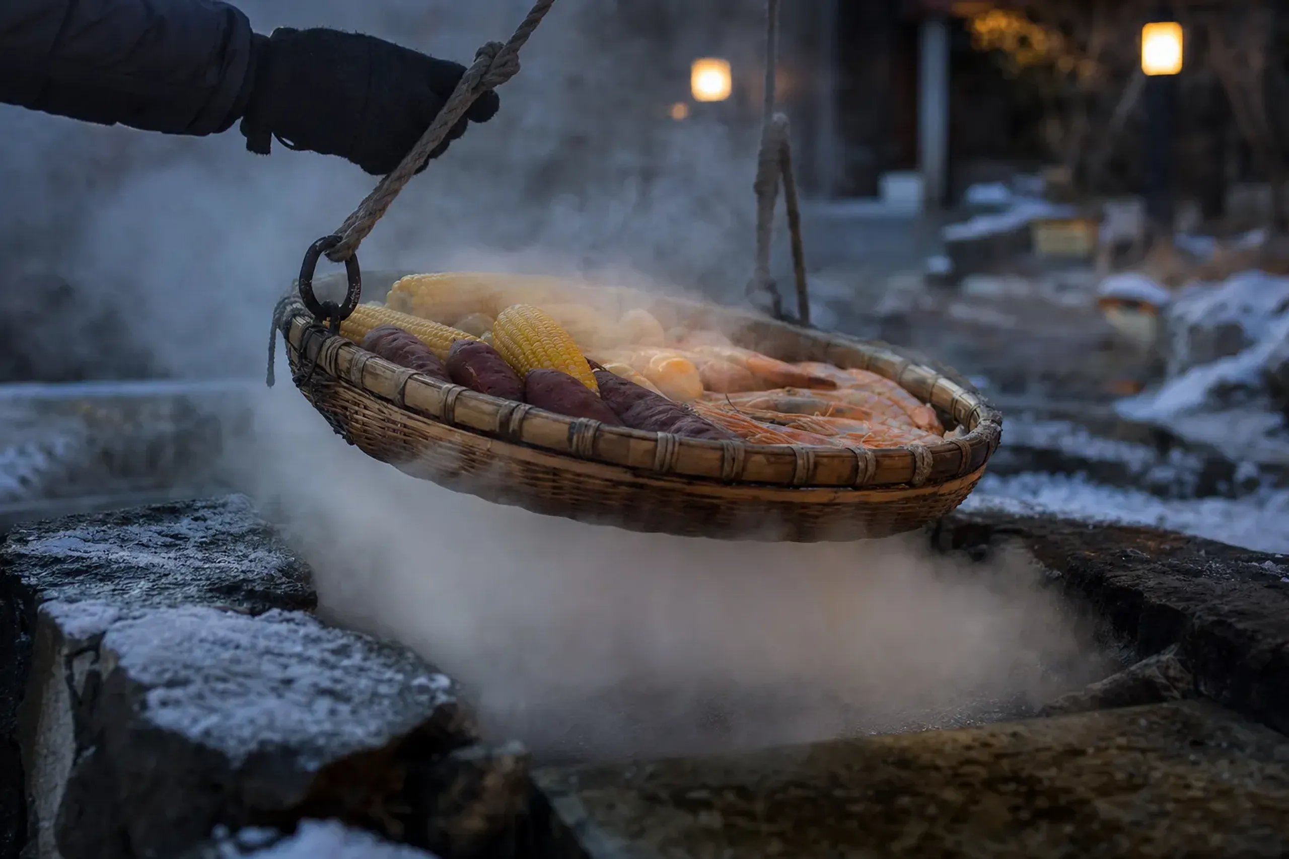 A woven bamboo basket of local vegetables and seafood lowered over venting geothermal steam for jigoku-mushi hell-steaming at Kamado Jigoku