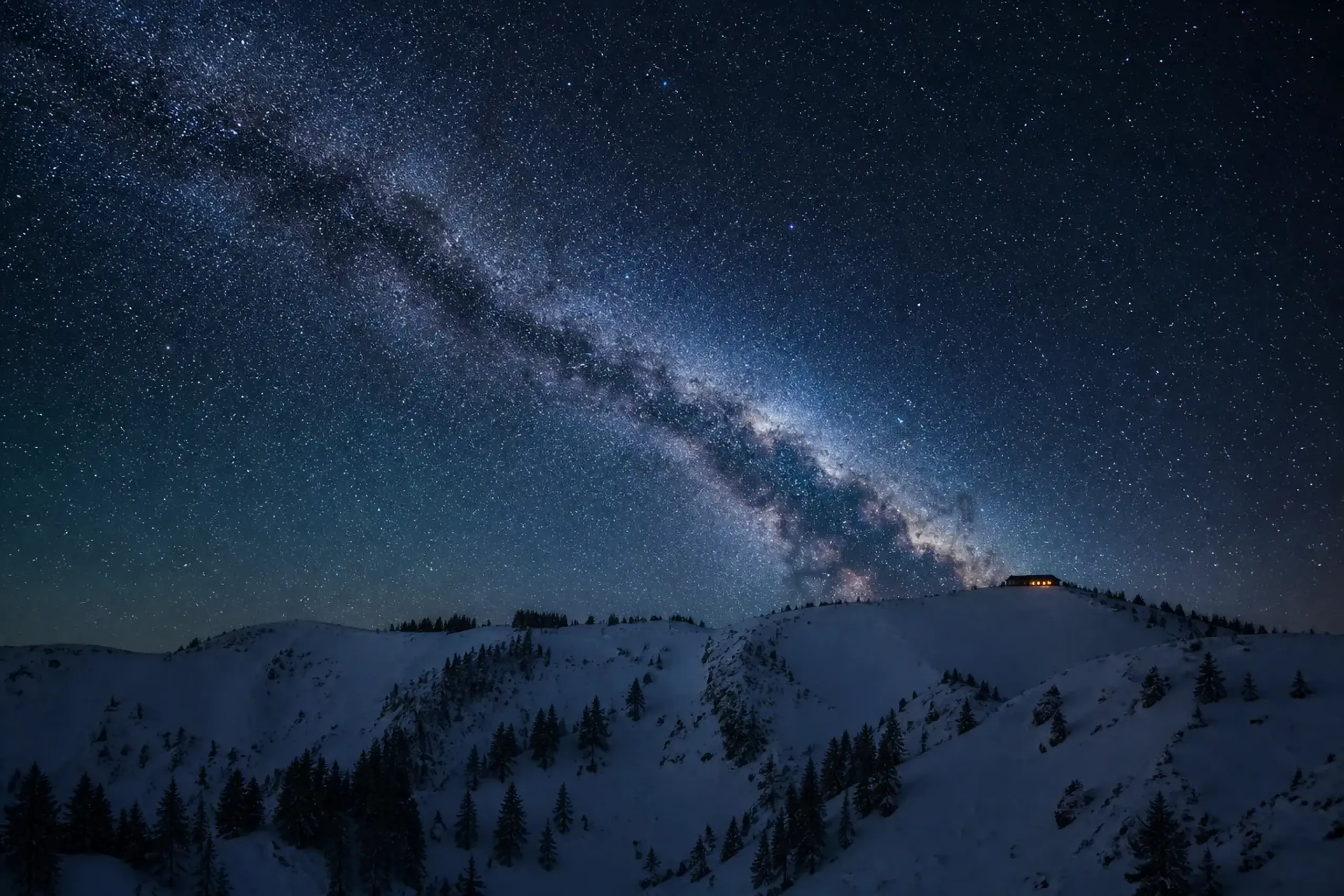 Milky Way over a snowy alpine ridge in Japan with minimal light pollution