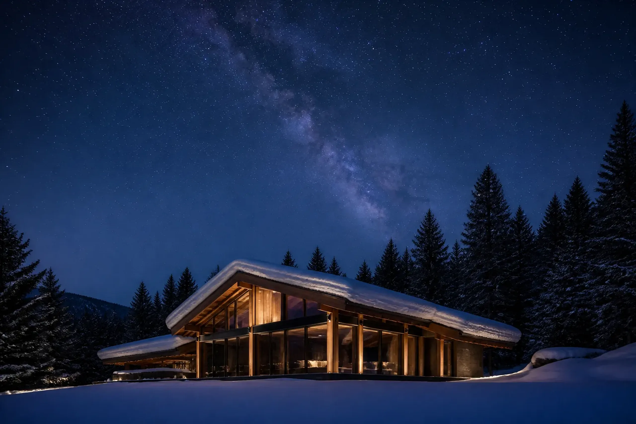 Chalet-style mountain stay in Hokkaido with low exterior lighting and starry sky