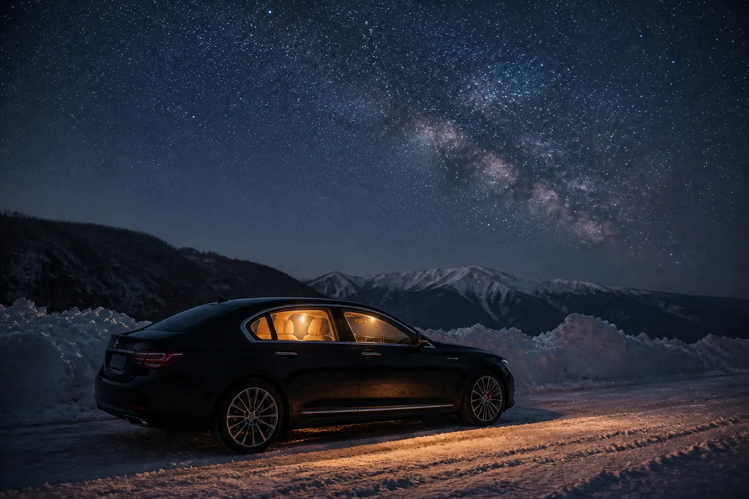 Discreet chauffeur vehicle on a quiet snowy road at night under a starry sky