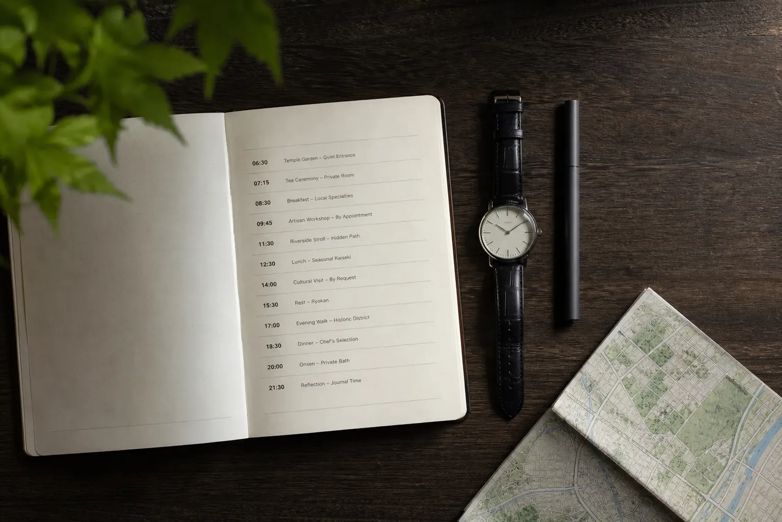 Discreet itinerary planning materials on a wooden table for a low-visibility Japan protocol