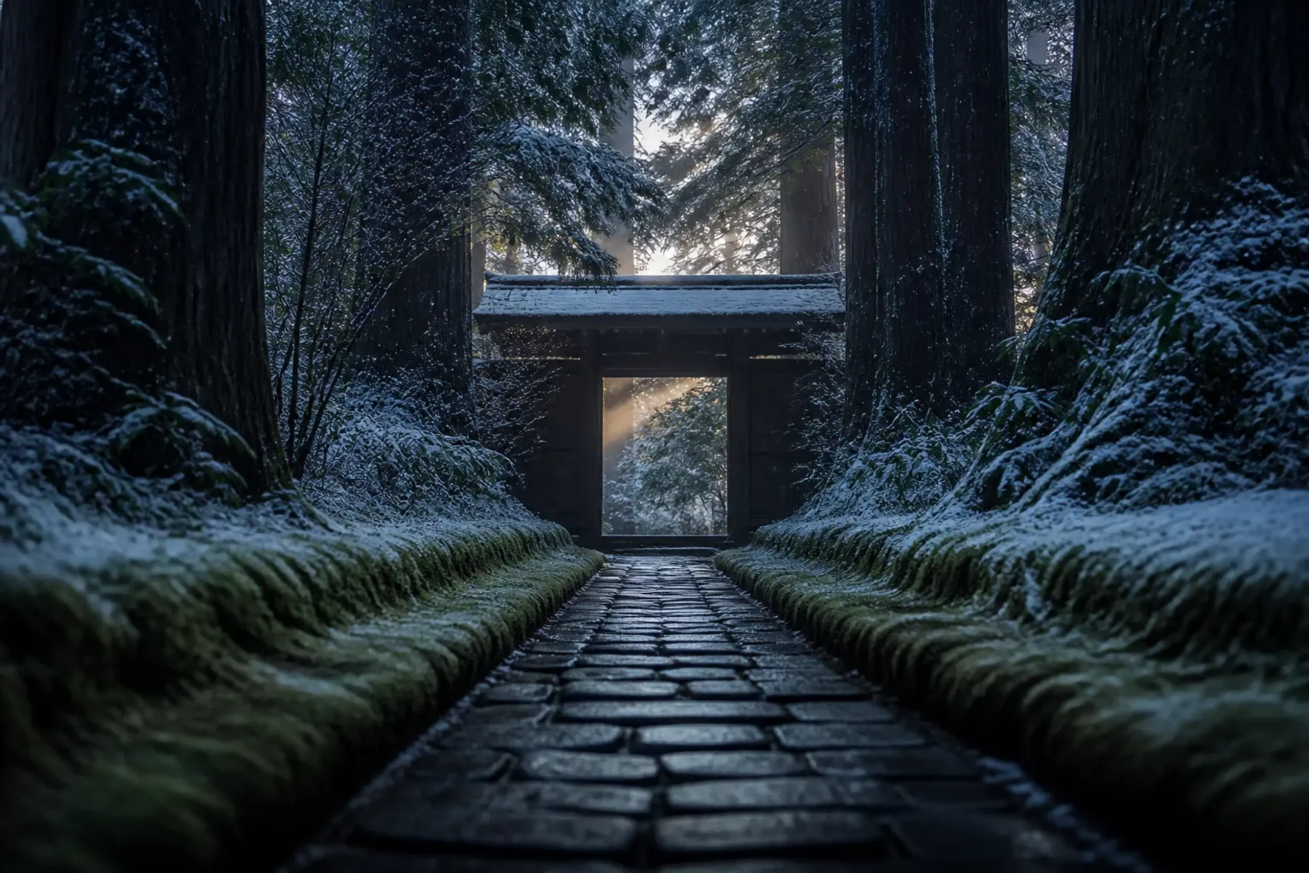 Mossy stone path and wooden gate at a Kyoto temple during quiet morning hours