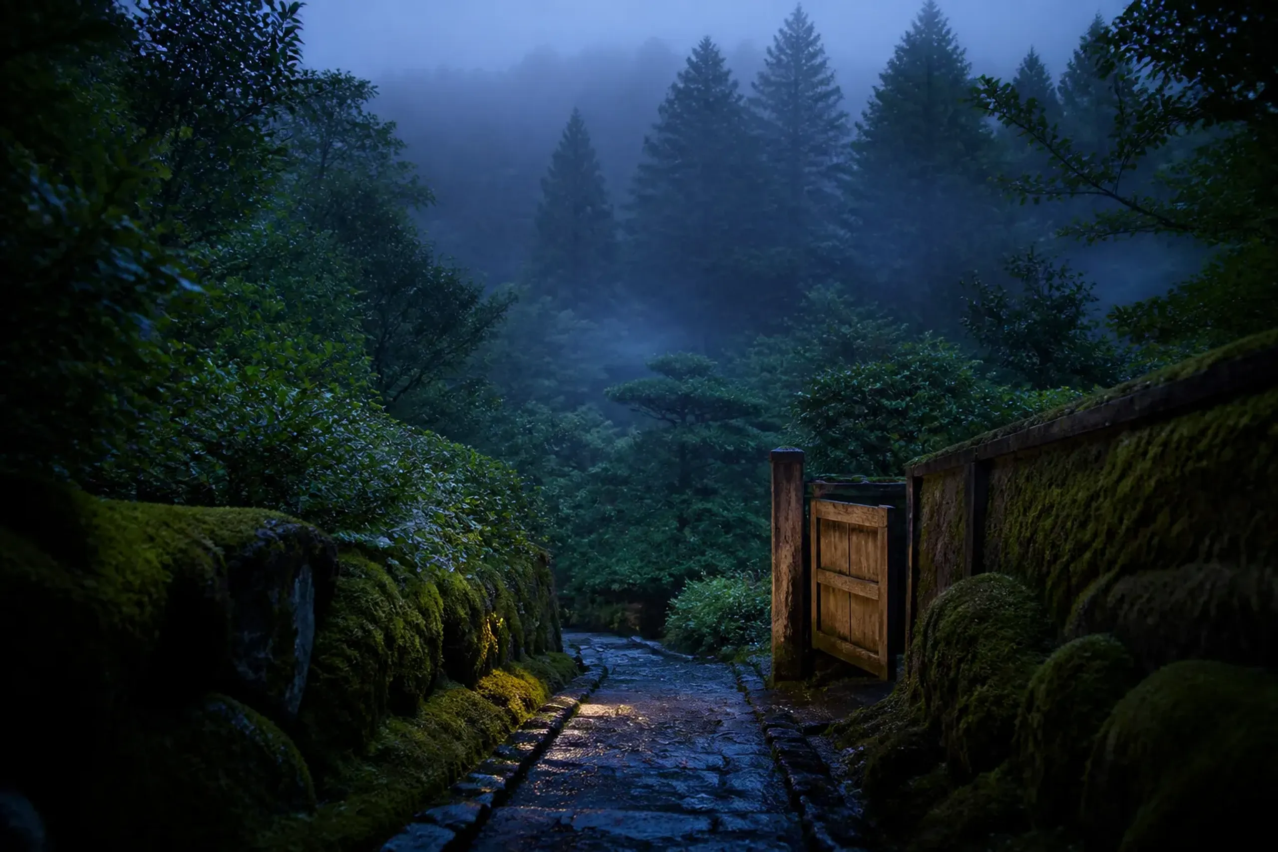 Mossy stone path and wooden gate at a Kyoto temple during quiet morning hours
