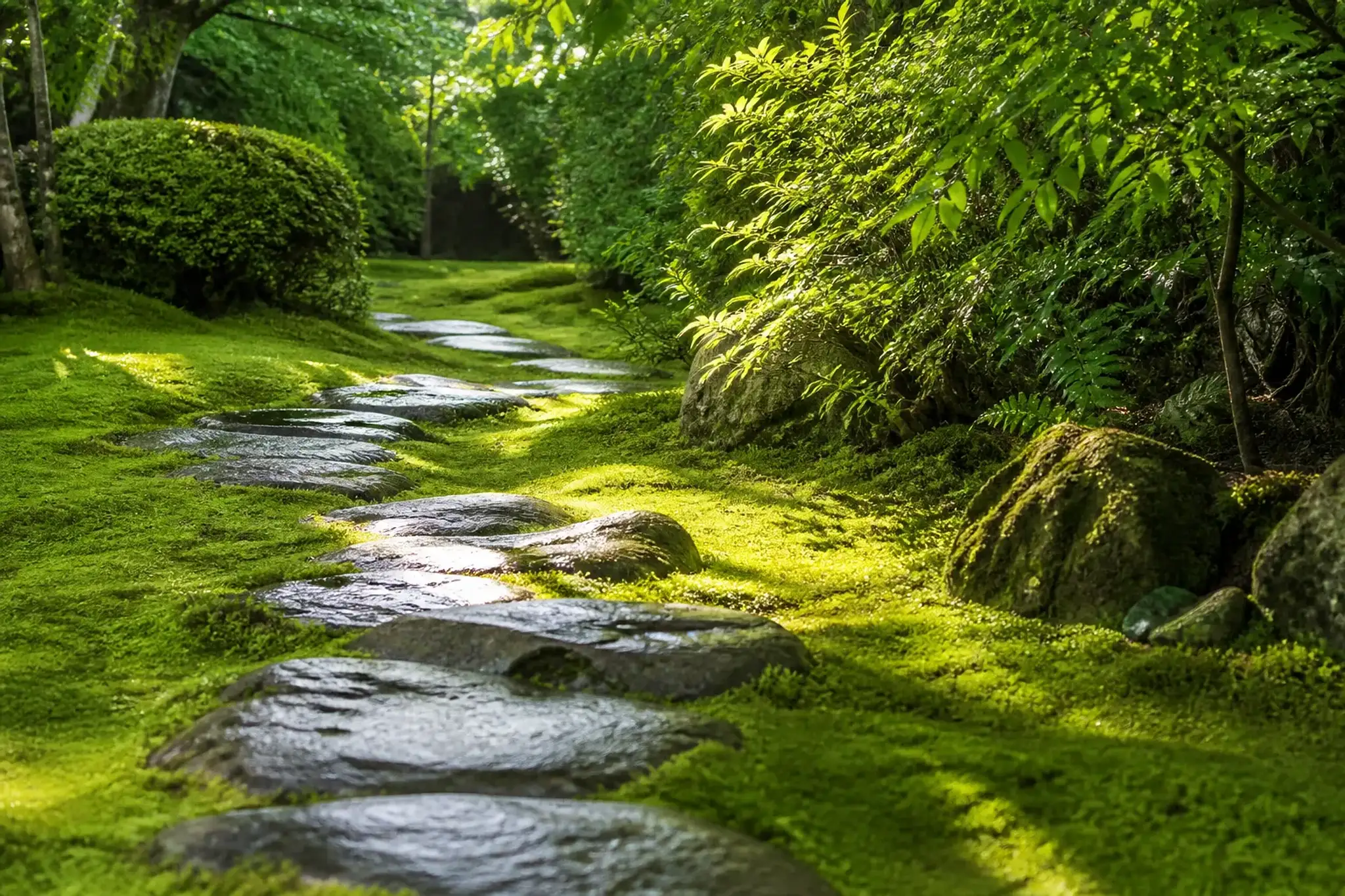 A moss-covered stone stepping path winding through a quiet Kyoto temple garden, dappled with soft early-morning light and no crowds