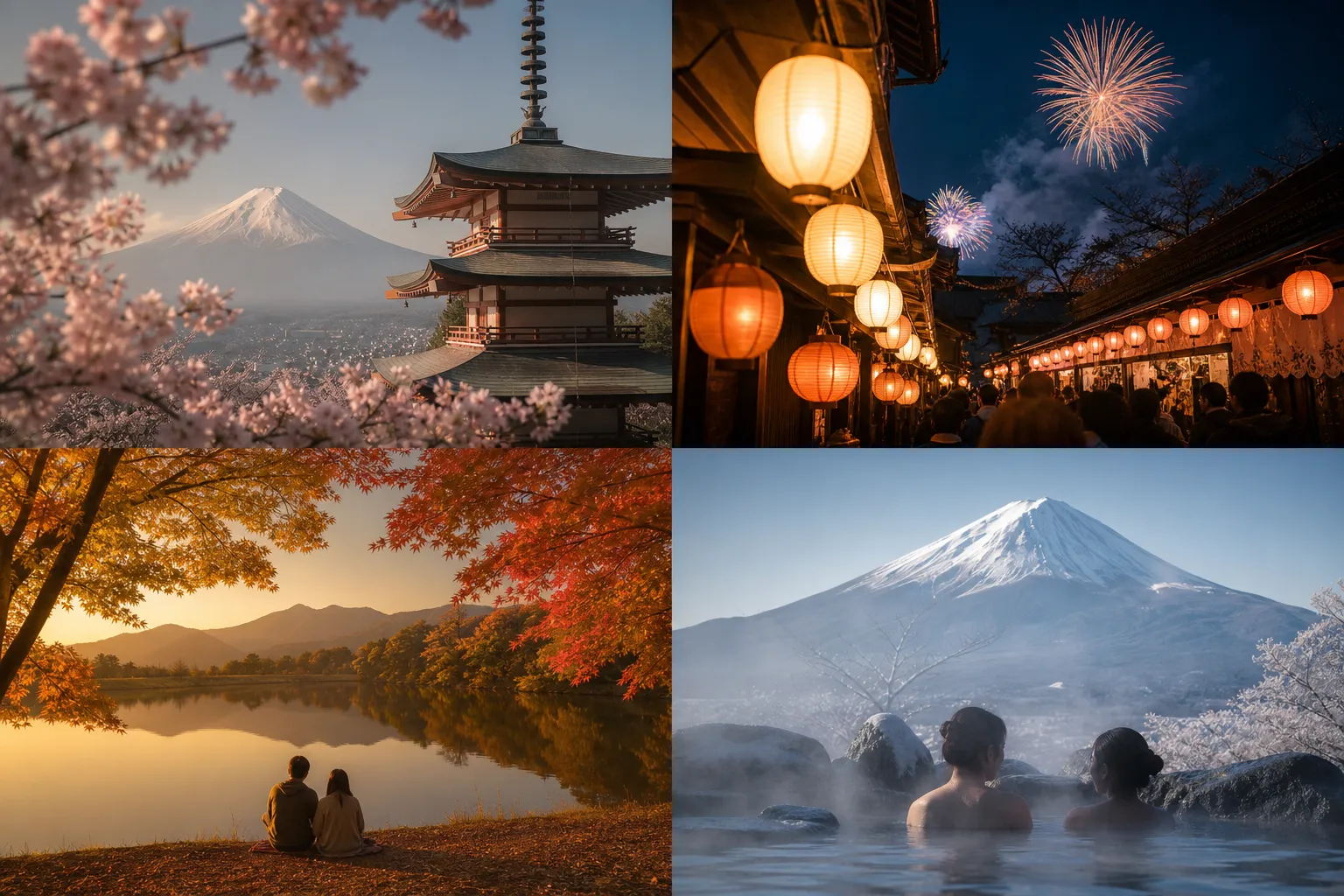 Four-panel collage: romantic Japan scenes—cherry blossoms with a pagoda and Mt. Fuji; a lantern-lit night market with fireworks; a couple by an autumn lake; a couple in a hot spring with a snowy Mt. Fuji in the background.