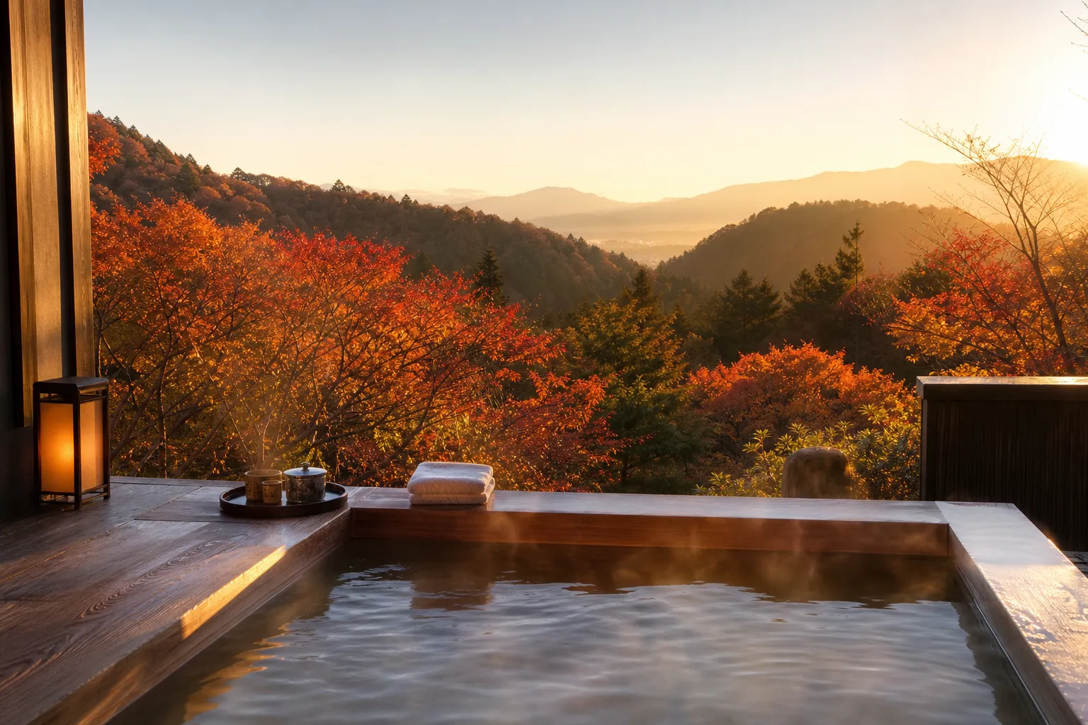 A luxury ryokan terrace with a steaming private bath overlooking a lush valley of fiery red and orange maple trees, representing the perfect travel conditions of the Japanese autumn.