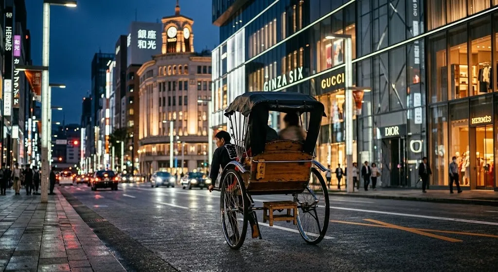 A traditional rickshaw passing modern luxury storefronts in a high-end Tokyo shopping district.