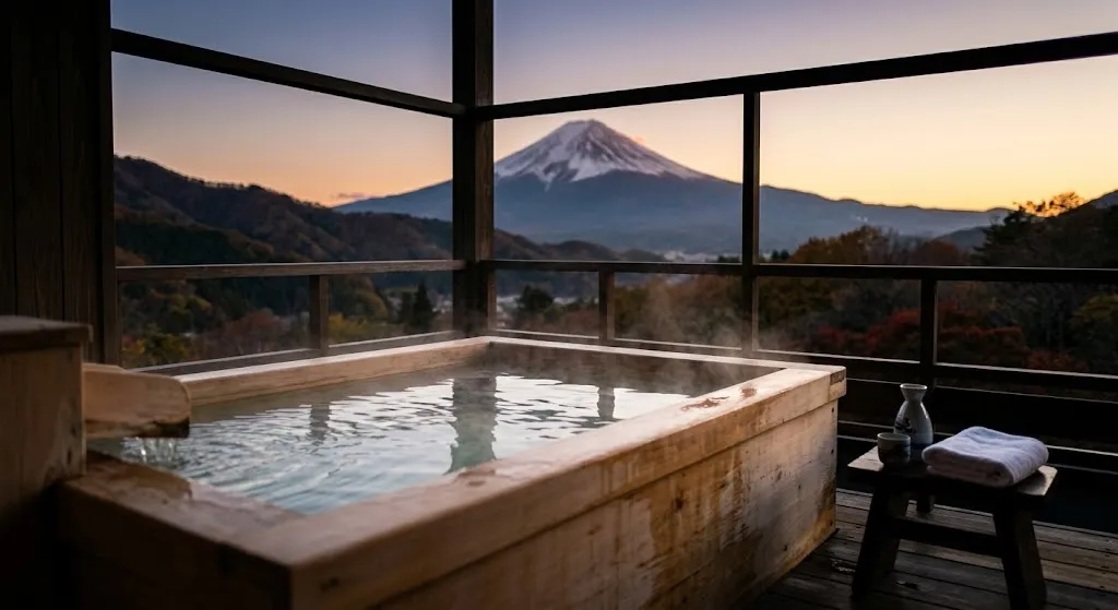 A luxury ryokan private outdoor onsen bath overlooking a scenic view of Mount Fuji.