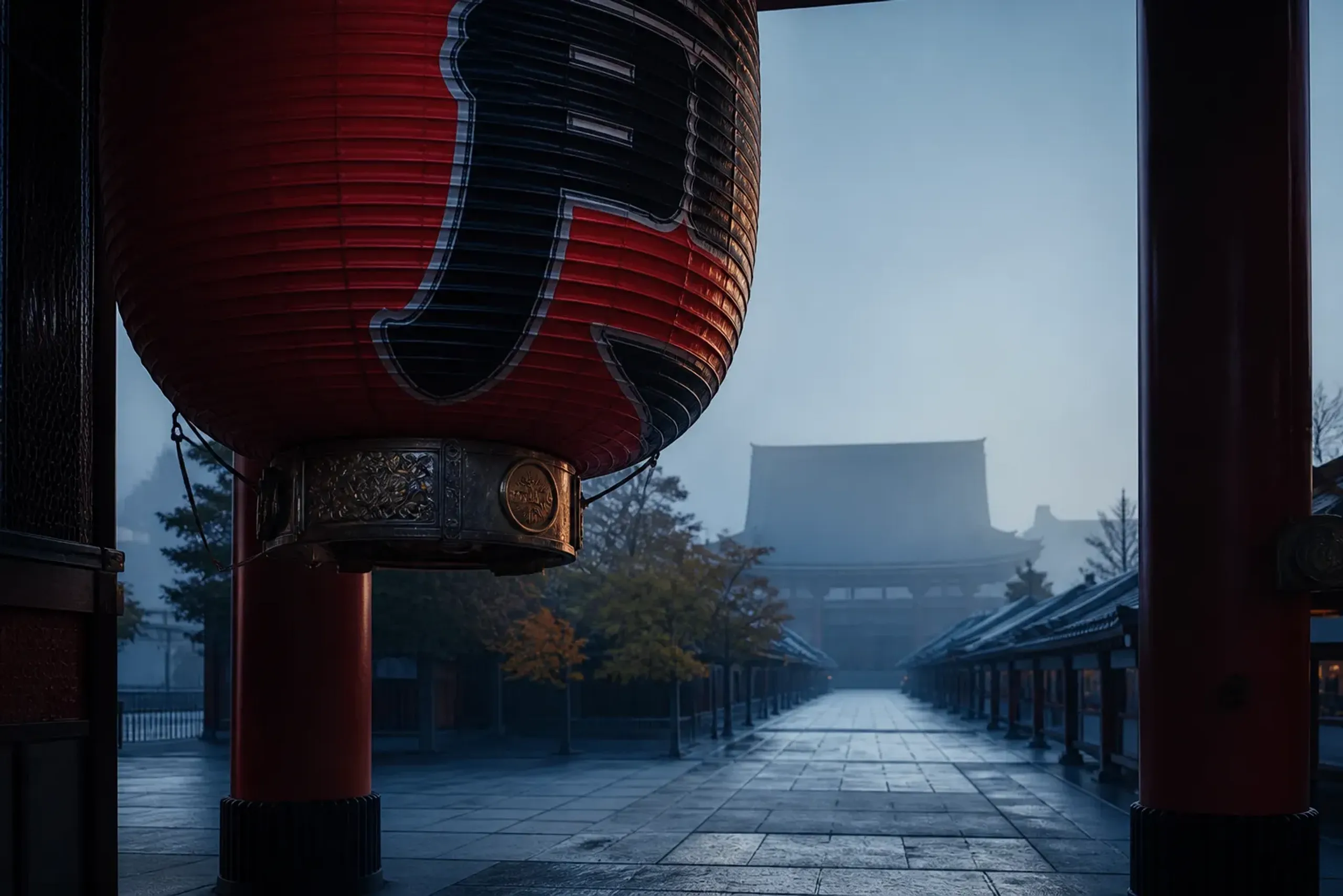 Senso-ji Temple in Asakusa during a private early-morning moment: the Kaminarimon gate lantern and empty approach to the main hall with soft dawn light, emphasizing the unusually quiet, contemplative