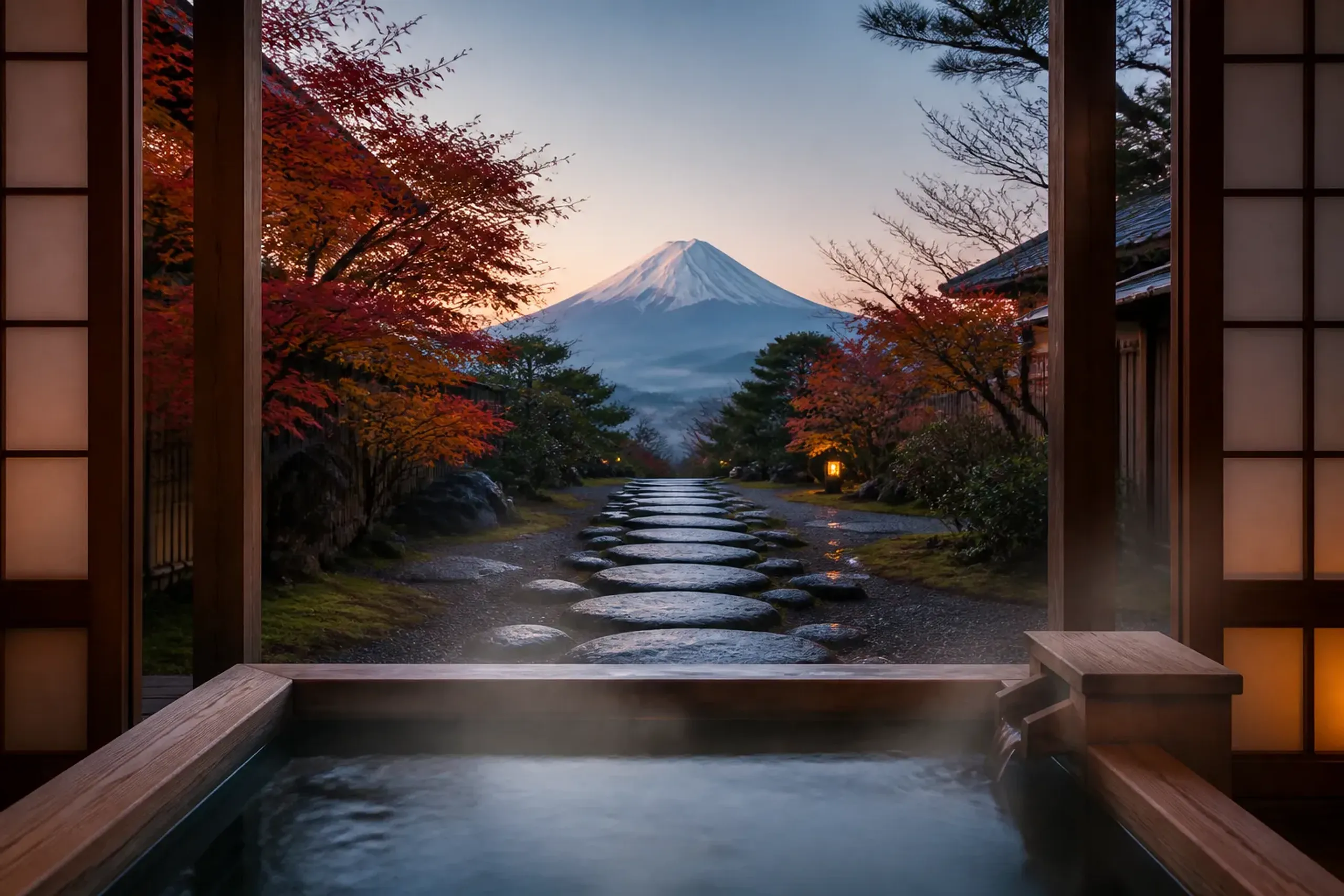 A private open-air onsen bath at a Hakone ryokan framed by a wooden engawa and shoji screens, with Mount Fuji’s symmetrical peak centered in the distance beyond a minimalist garden path of stepping st
