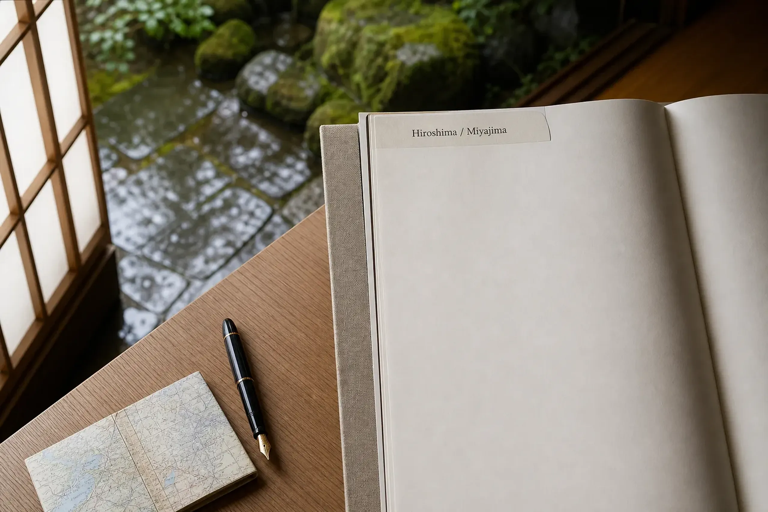 No describable scene available: the provided article text does not include a Hiroshima/Miyajima section or any specific landmarks/objects from that heading to depict.