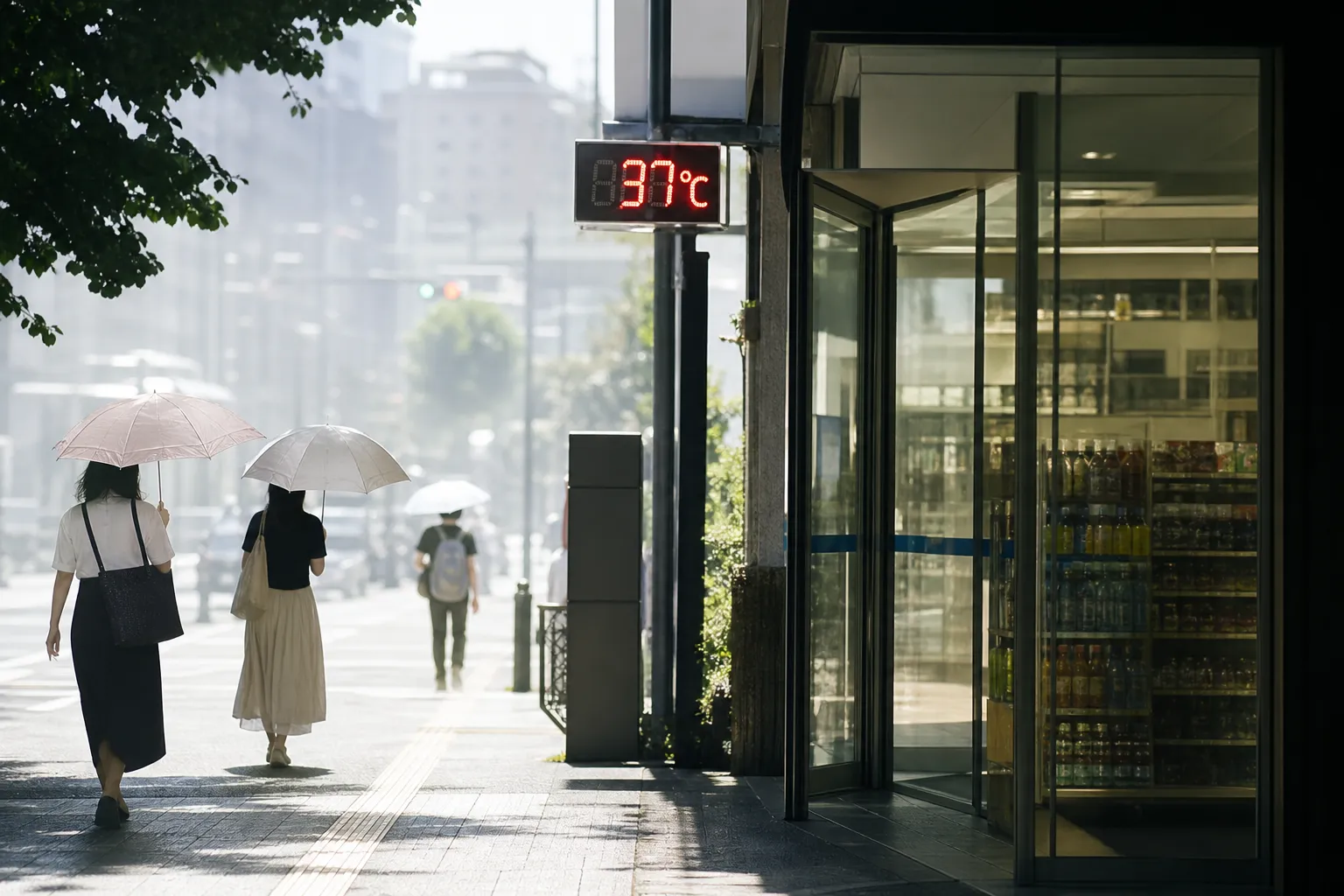 Tokyo street scene in August with heat haze and pedestrians using parasols