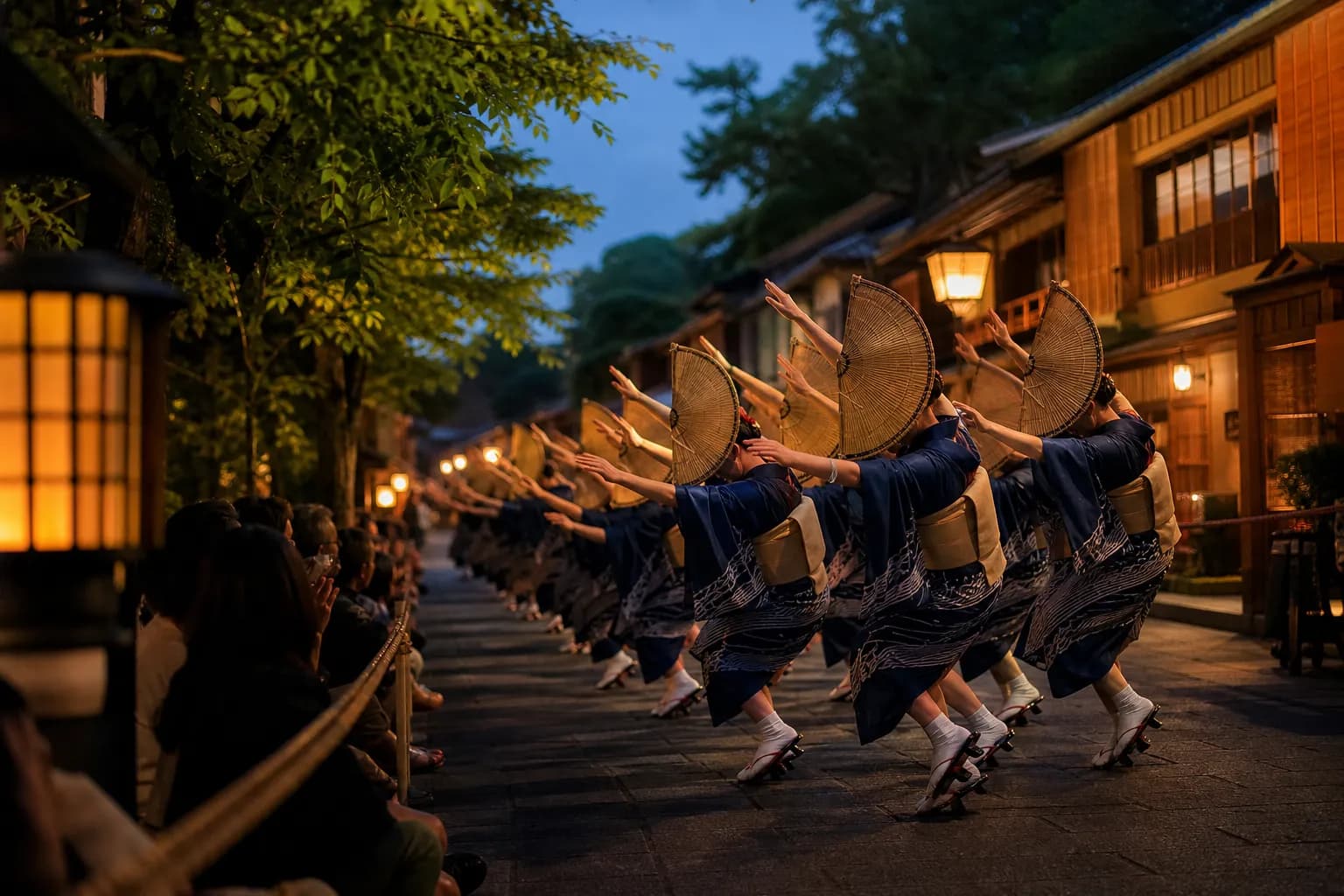 Awa Odori dancers performing in downtown Tokushima at night