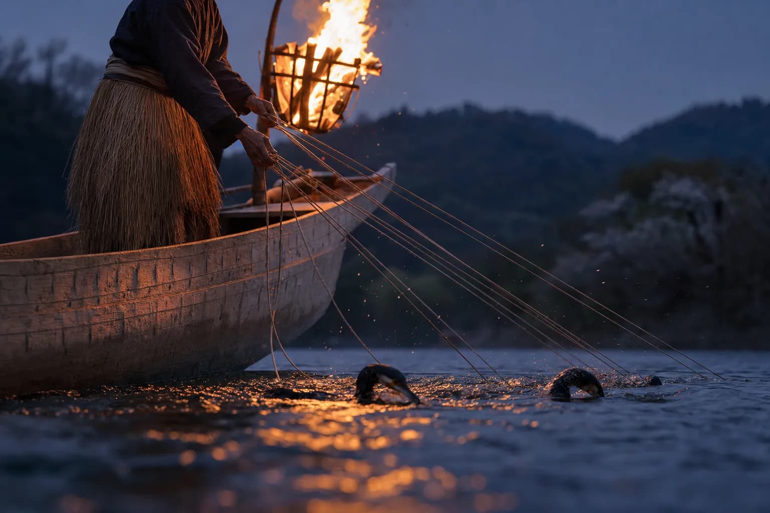 Traditional Japanese usho fisherman controlling cormorants by torchlight during night ukai