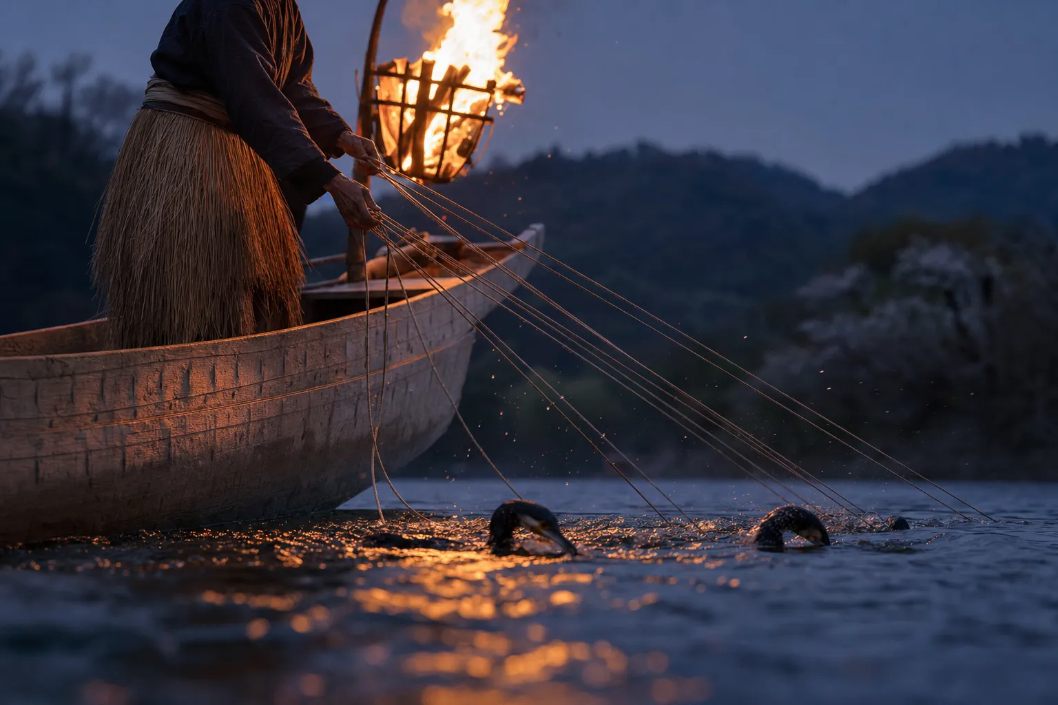 Traditional Japanese usho fisherman controlling cormorants by torchlight during night ukai