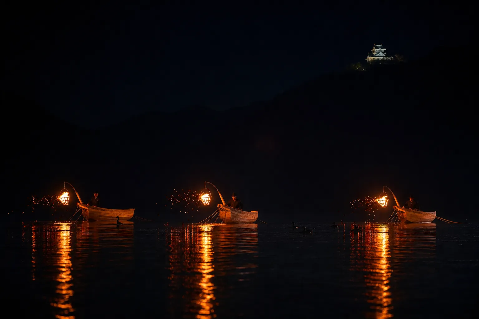 Night cormorant fishing boats with fire baskets on the Nagara River below illuminated Gifu Castle