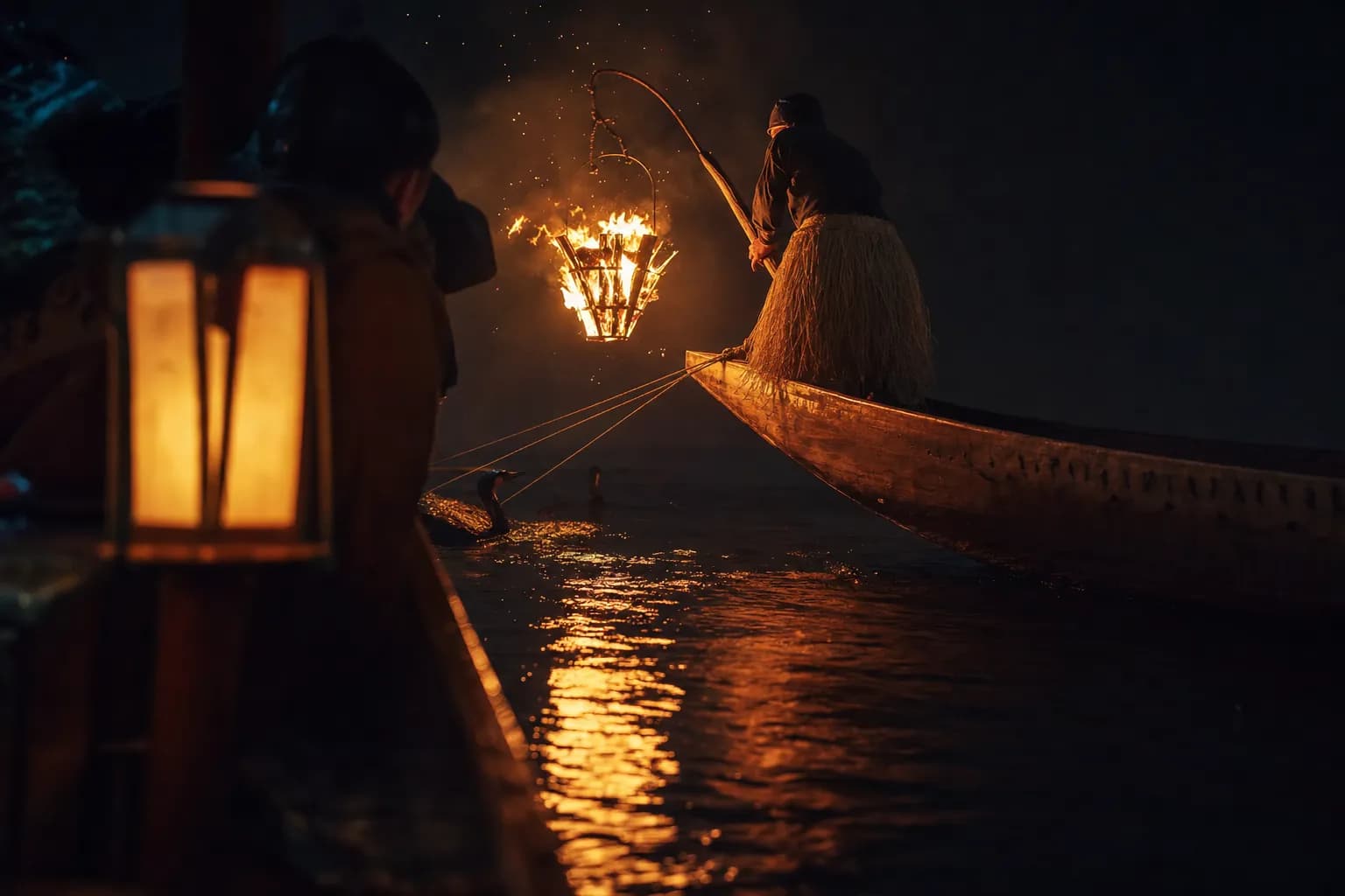 Awase ukai on the Hijikawa River in Ozu with viewing boat close to the fishing boat at night