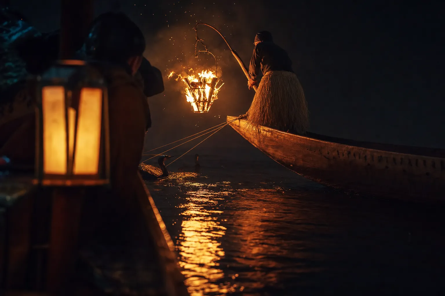 Awase ukai on the Hijikawa River in Ozu with viewing boat close to the fishing boat at night