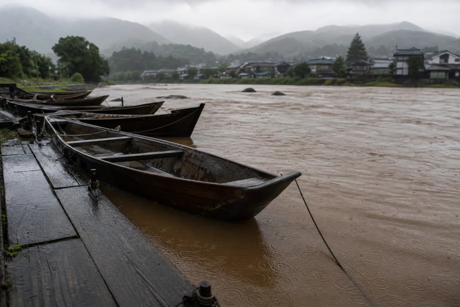 River swollen after rain with moored fishing boats, illustrating ukai cancellation conditions