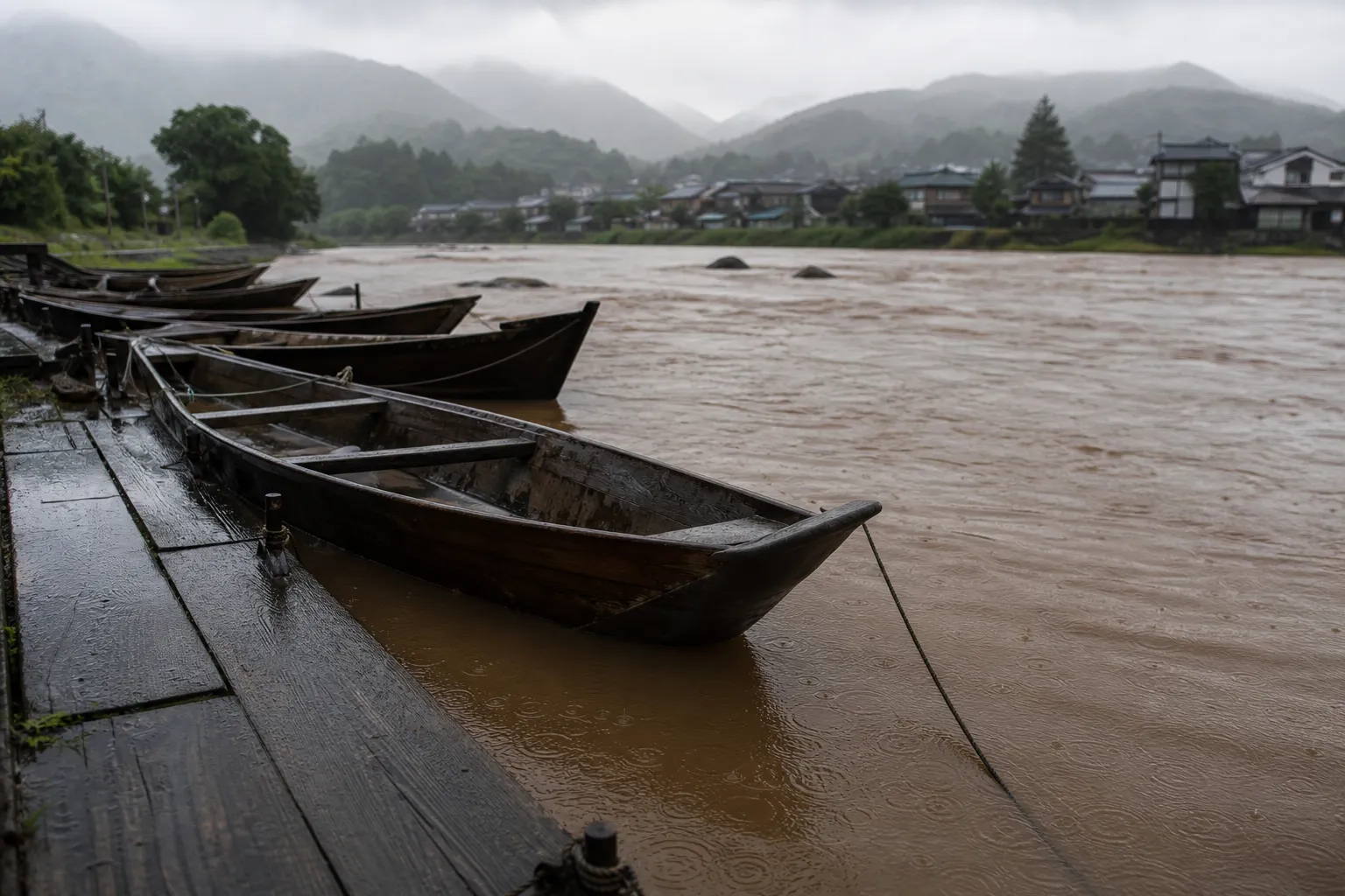 River swollen after rain with moored fishing boats, illustrating ukai cancellation conditions