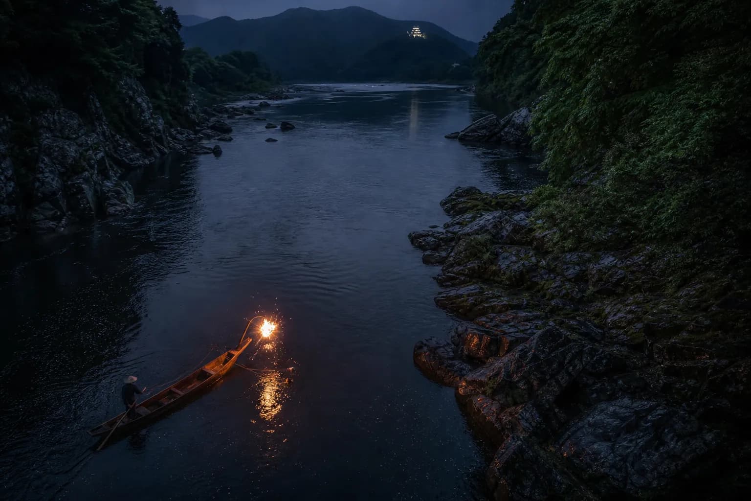 A cormorant fishing boat on Gifu's Nagara River at night with iron fire baskets blazing over the bow, Gifu Castle illuminated on the mountain above the dark water