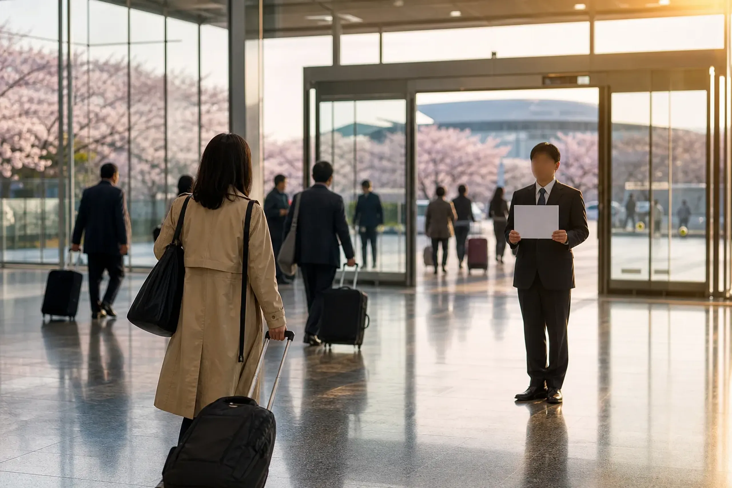Haneda Airport arrivals hall with travelers and a discreet meet-and-greet sign