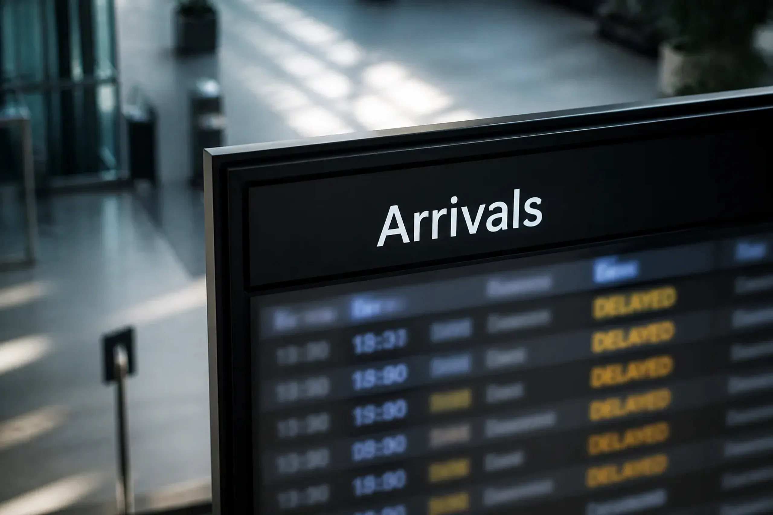Airport arrivals board showing flight delays and updated arrival times