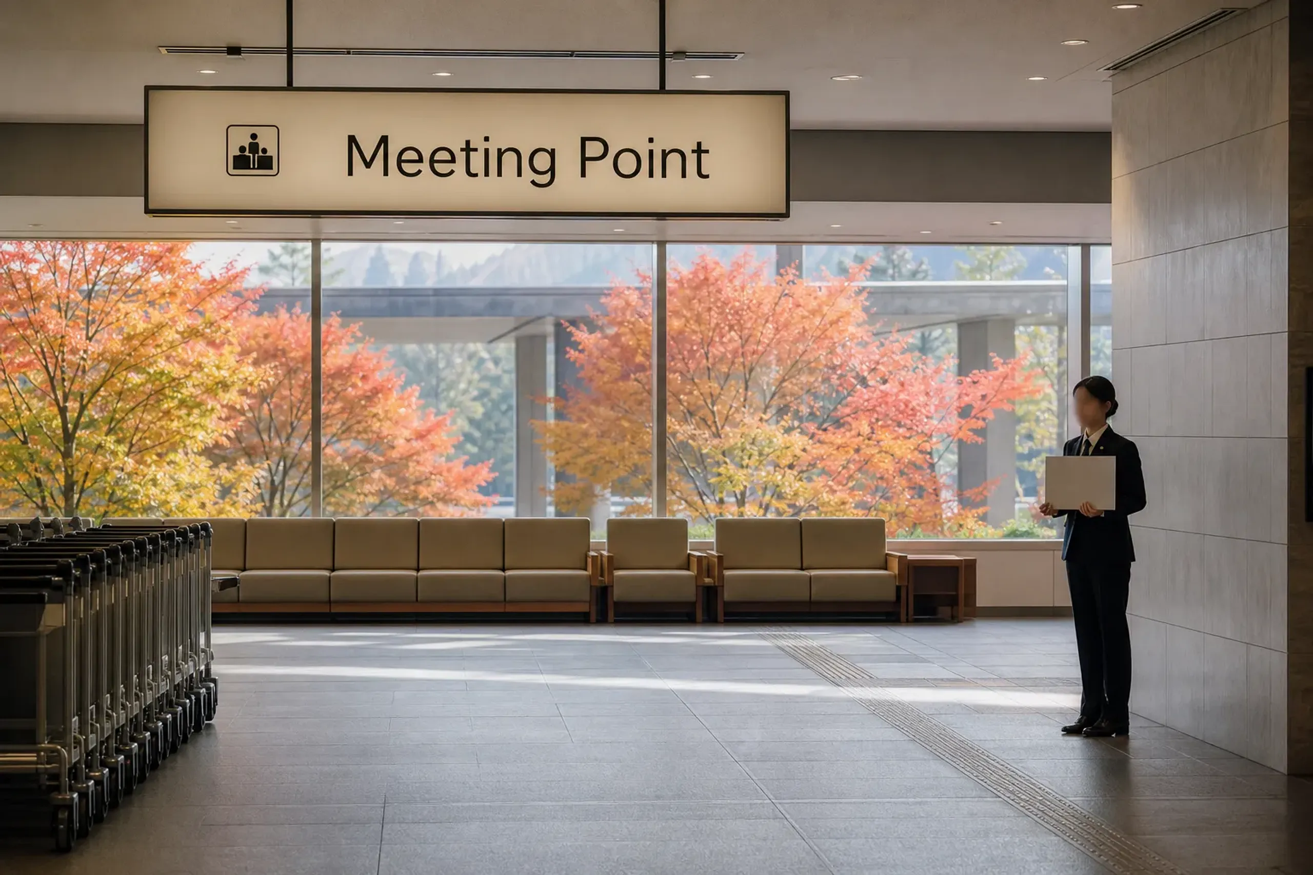 Airport meeting point area with clear signage and space for luggage carts