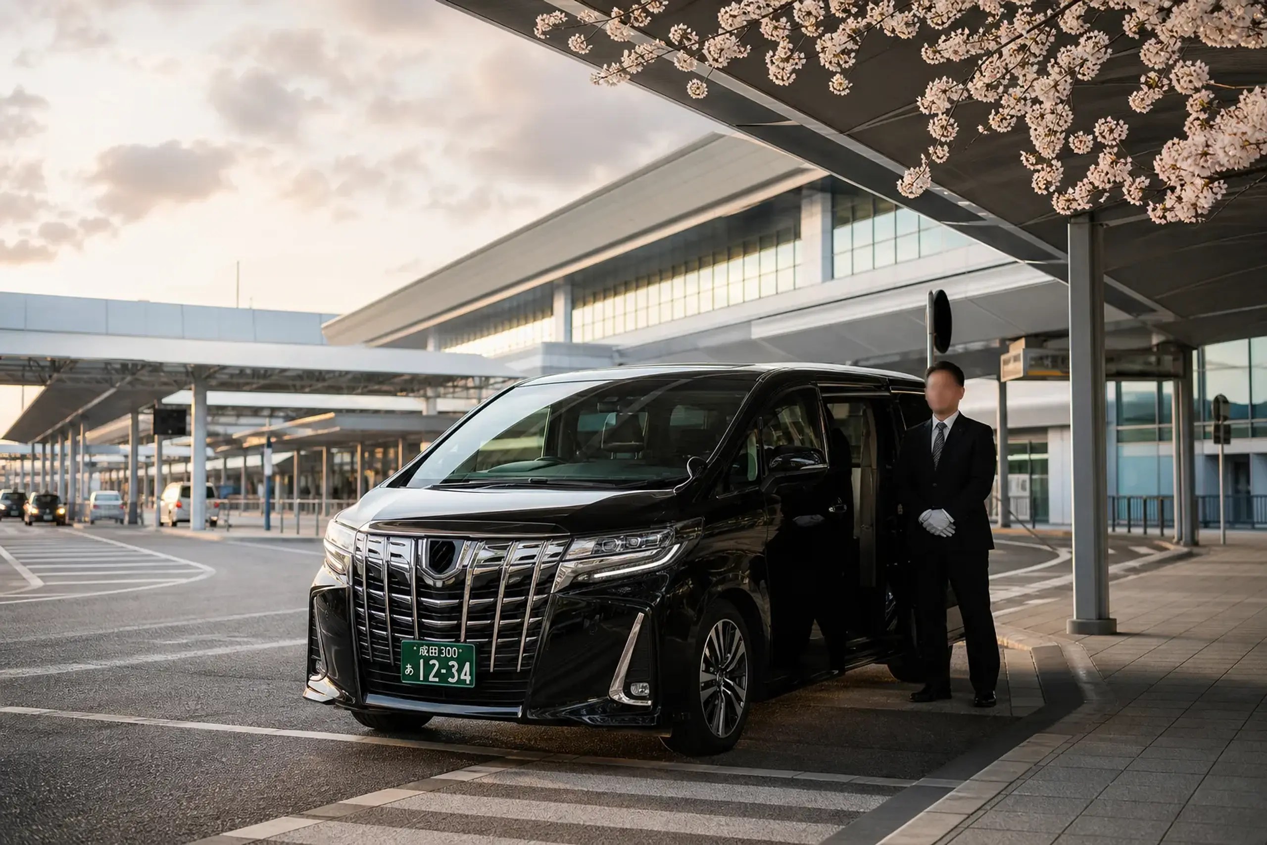 A licensed black chauffeur van with green plates waiting in a designated pickup bay outside Narita Airport