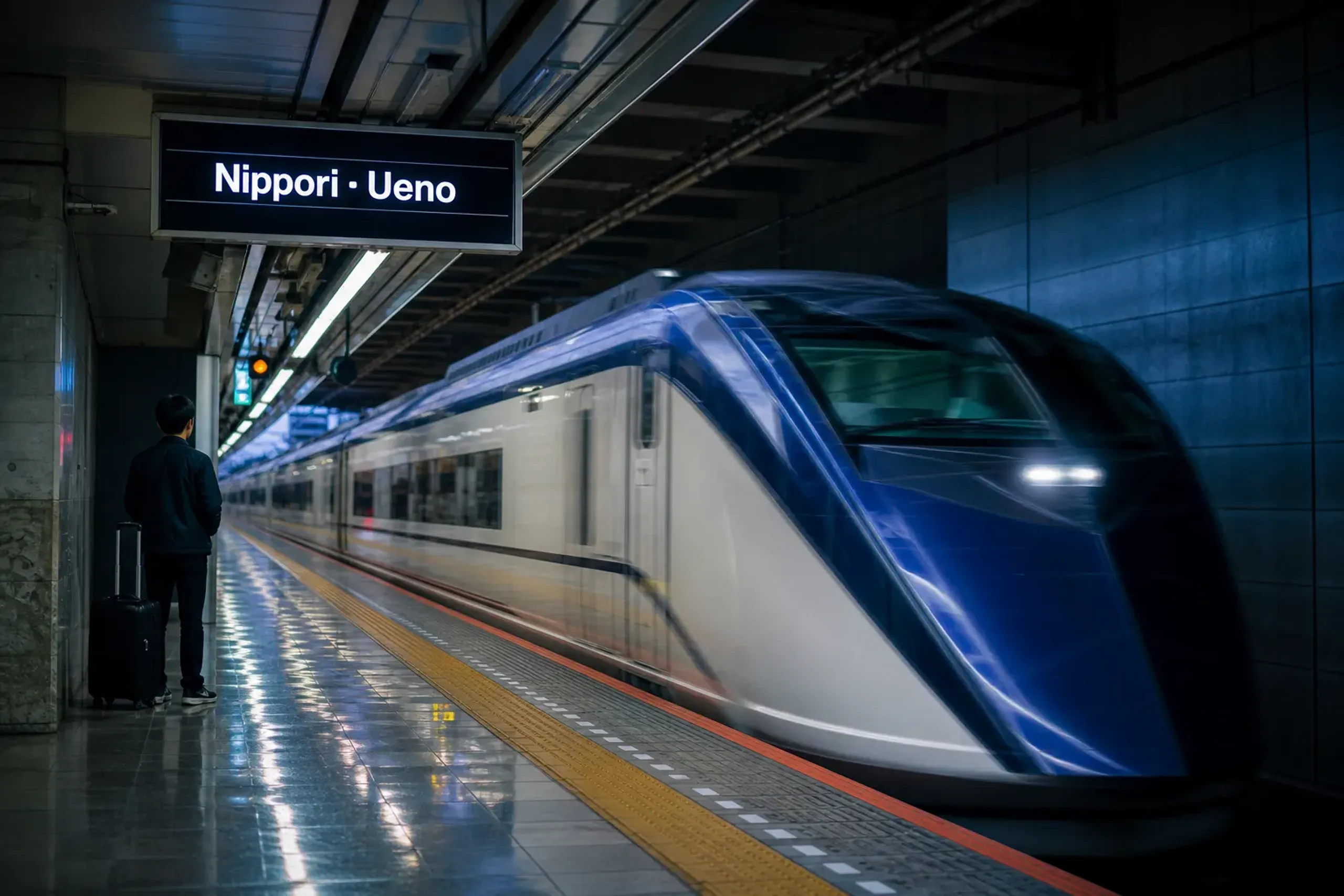 A Keisei Skyliner high-speed train departing the platform at Narita Airport Station bound for Nippori and Ueno