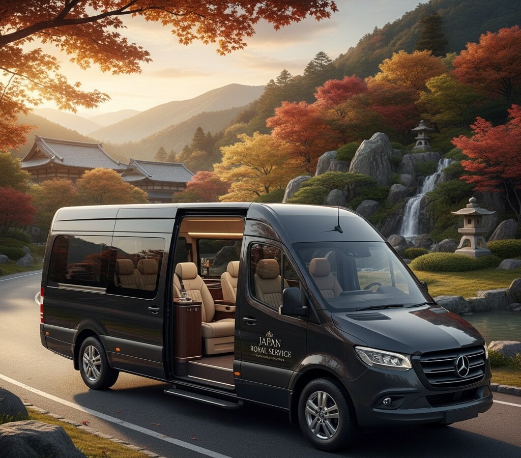 A highly detailed, photorealistic illustration of a sleek, dark-colored Mercedes-Benz Sprinter, positioned on a smooth, scenic road. The vehicle should clearly convey the concept of a 'Private Suite on Wheels,' with a visible, luxurious interior hinting at plush seating, elegant finishes, and ambient lighting, creating an atmosphere of ultimate comfort and privacy. The exterior design should reflect sophistication and reliability. The setting should be serene and exclusive, implying a personalized, high-quality travel experience in Japan. Perhaps a backdrop of beautiful, subtly depicted Japanese landscapes (e.g., distant mountains, hints of traditional architecture, or a well-maintained garden path) that enhance the sense of a premium, bespoke journey. The overall image should exude a feeling of unwavering quality, deep client connection, and consistently exceeded expectations, embodying the philosophy that the quality of transit defines the journey. The lighting should be soft and inviting, emphasizing the luxurious and comforting aspects of the 'private sanctuary.' Focus on conveying a sense of refined service and an ability to make exceptional travel happen.