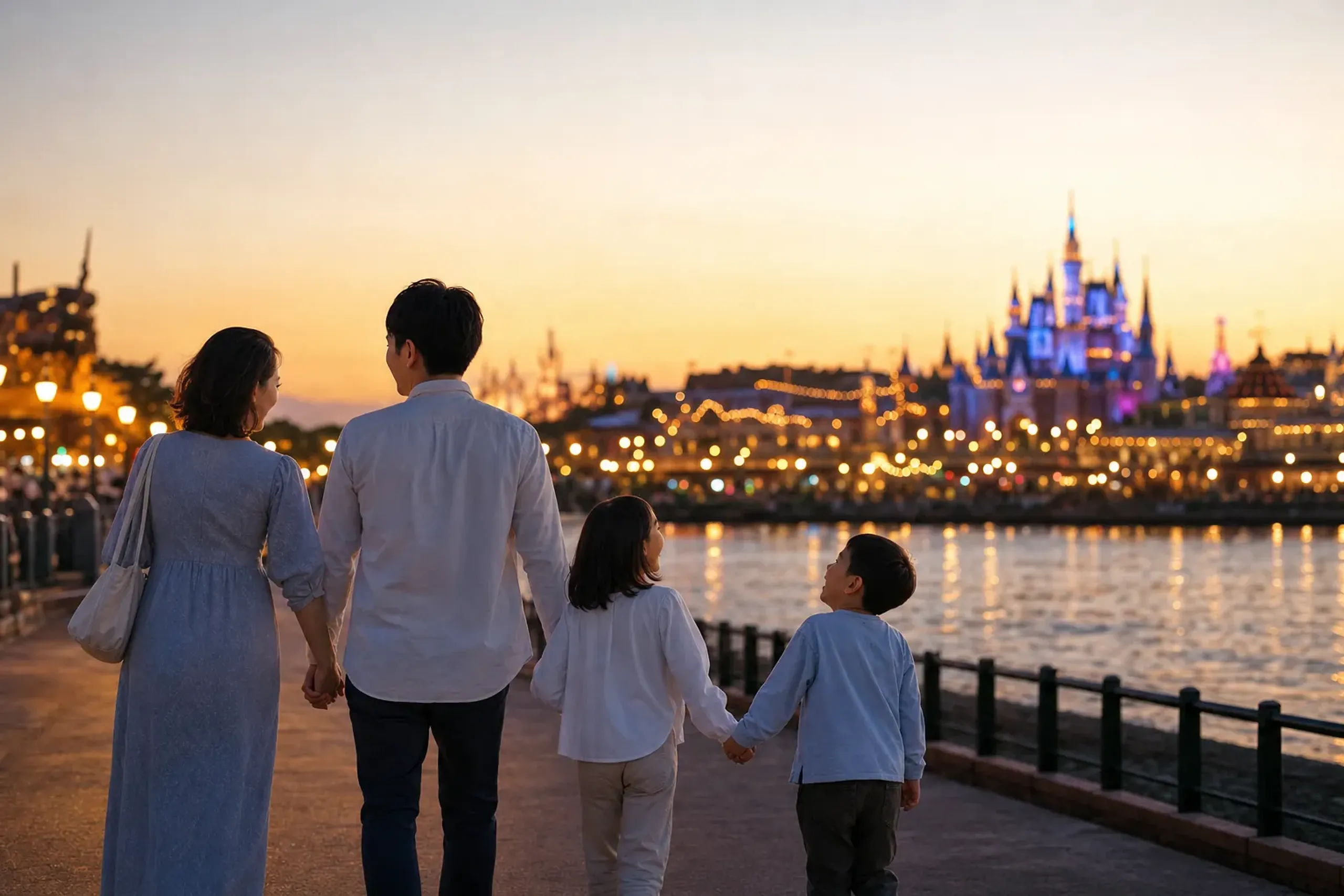 Family enjoying an evening at Tokyo Disney Resort with soft festive lights