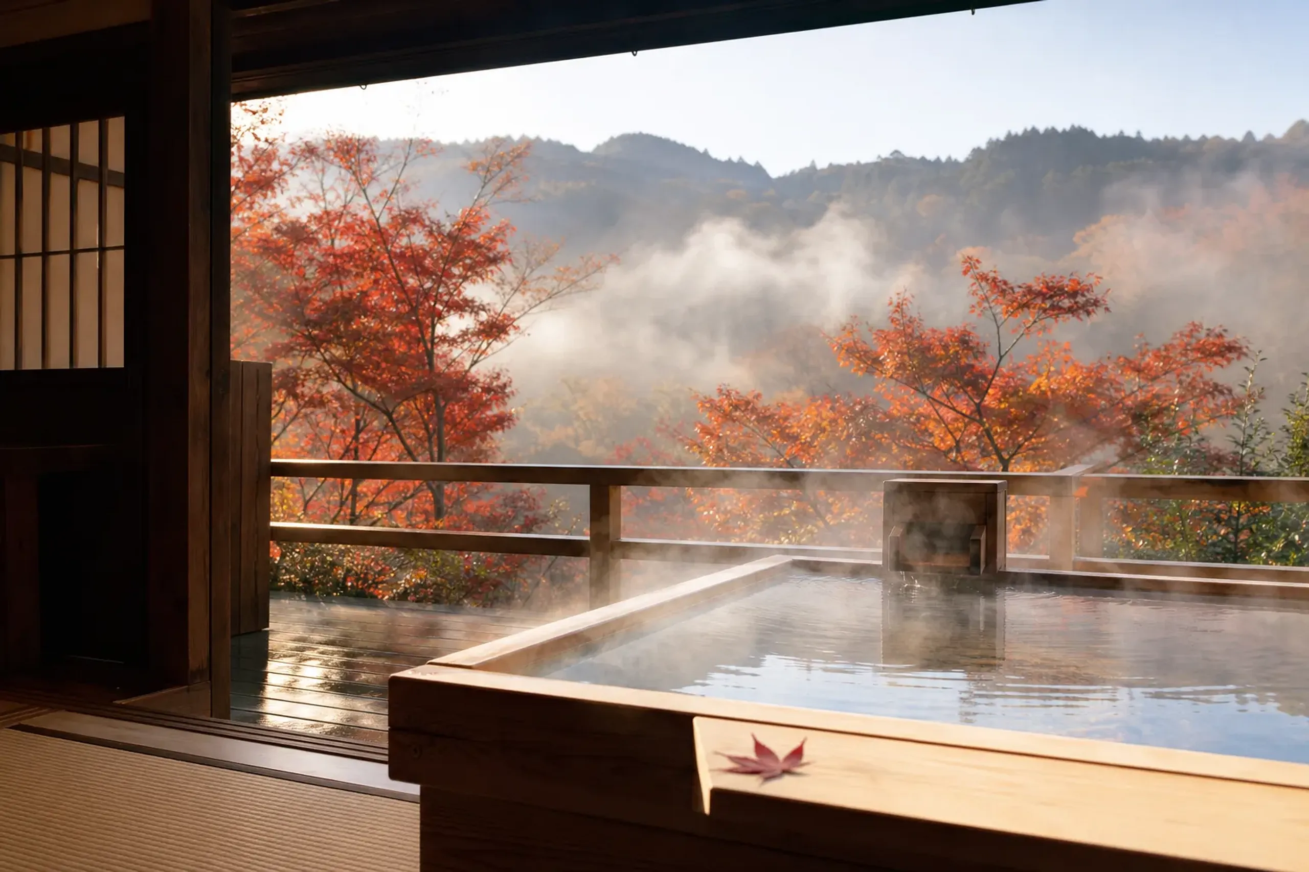 Private open-air onsen bath surrounded by autumn foliage at a Hakone ryokan