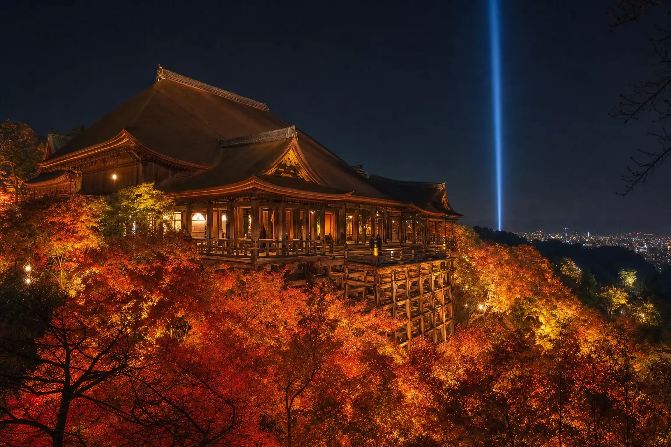 Kiyomizu-dera temple illuminated at night with red autumn maples in Kyoto