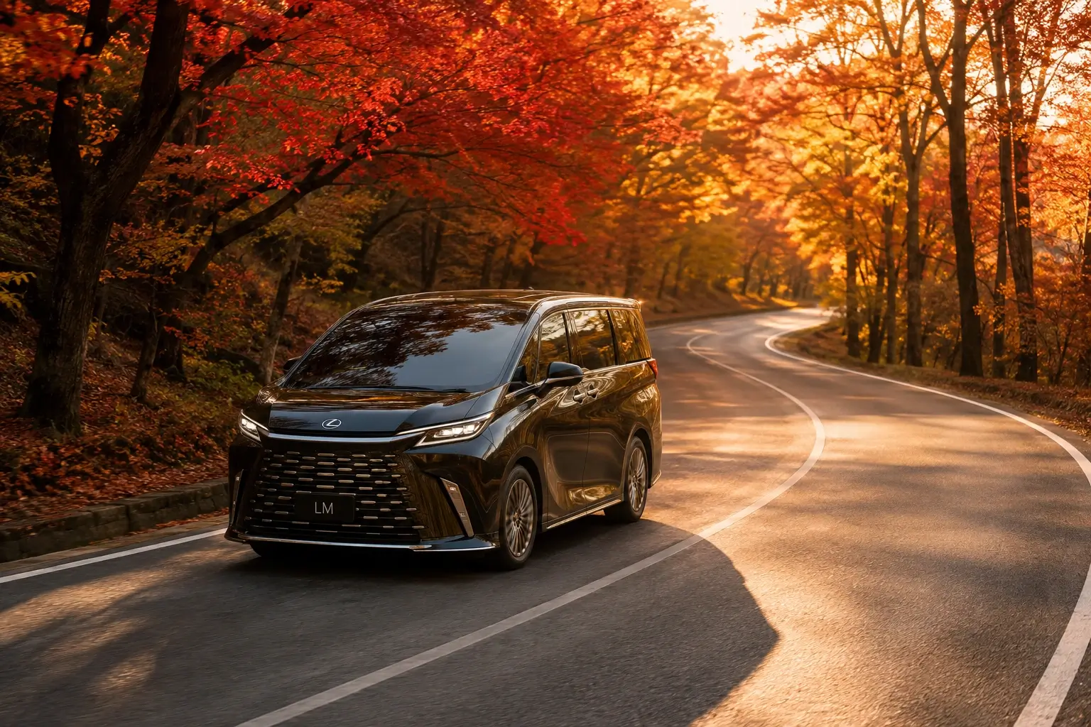 Luxury Lexus LM chauffeured minivan on a tree-lined autumn road in Japan