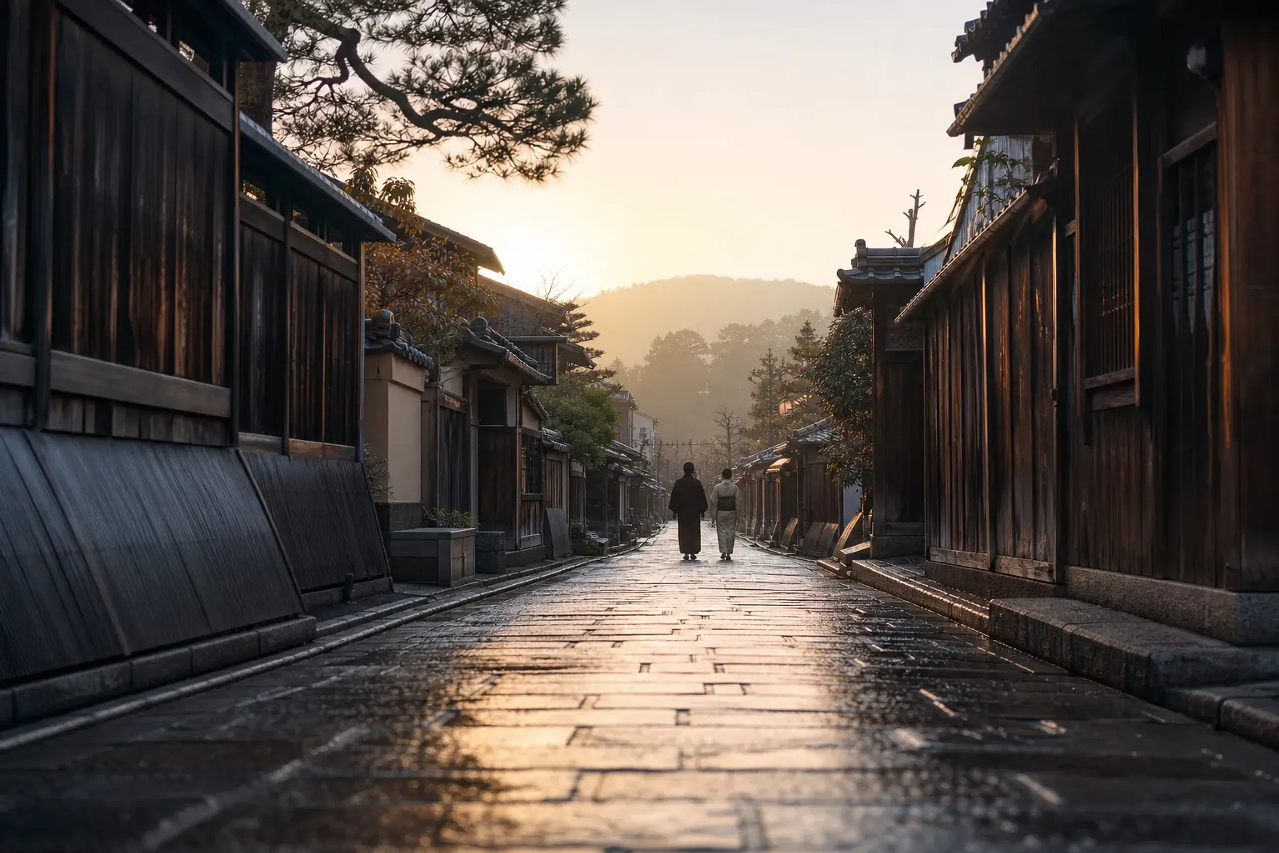 Quiet stone-paved lane in Kyoto at dawn with traditional wooden townhouses and minimal foot traffic