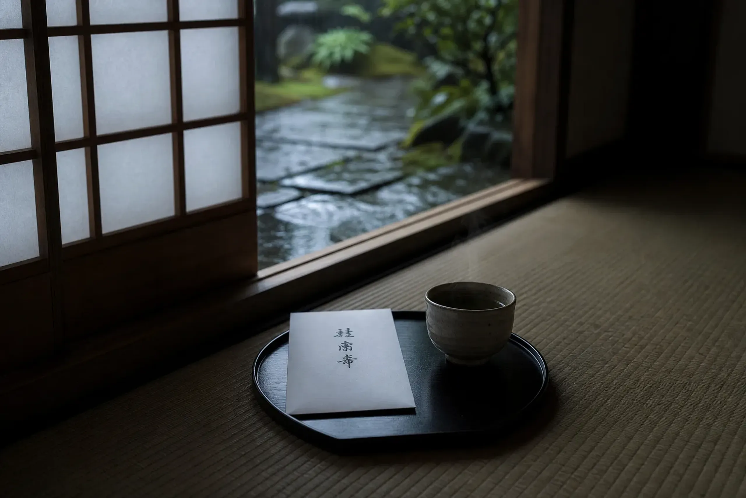 Handwritten Japanese note on a tray beside a tea cup on tatami, suggesting a private introduction