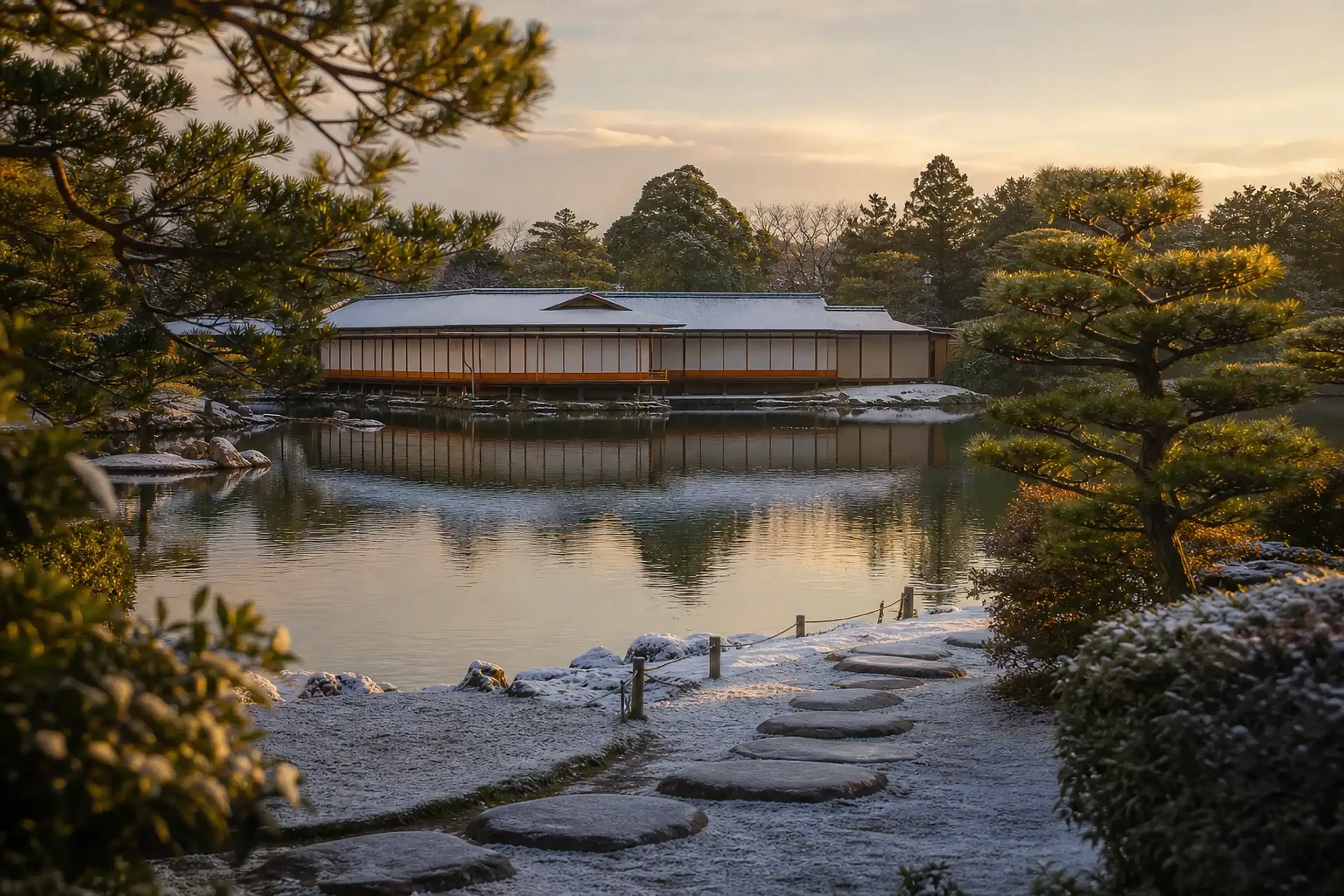 Garden and traditional architecture at Katsura Imperial Villa in Kyoto with pond and pines