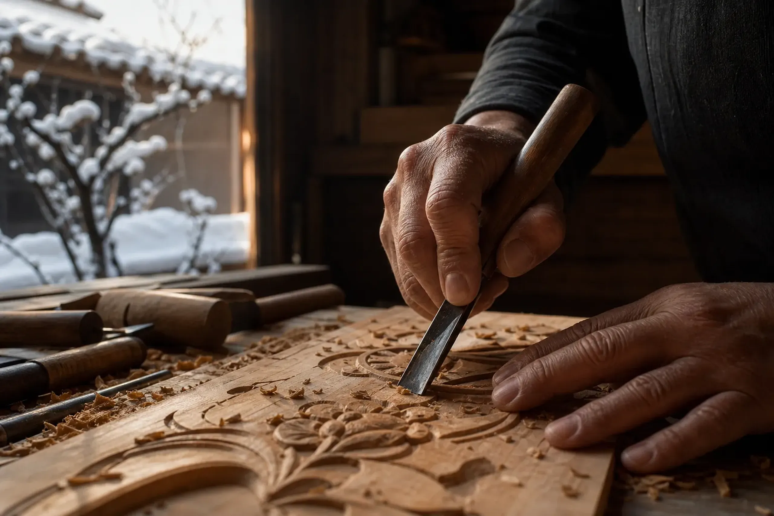 Close-up of an artisan’s hands using traditional tools in a Kyoto workshop