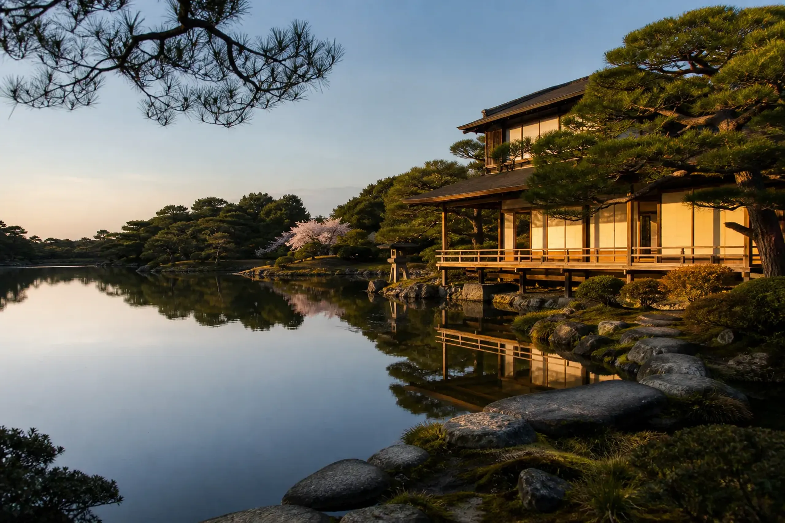 Garden and traditional architecture at Katsura Imperial Villa in Kyoto with pond and pines