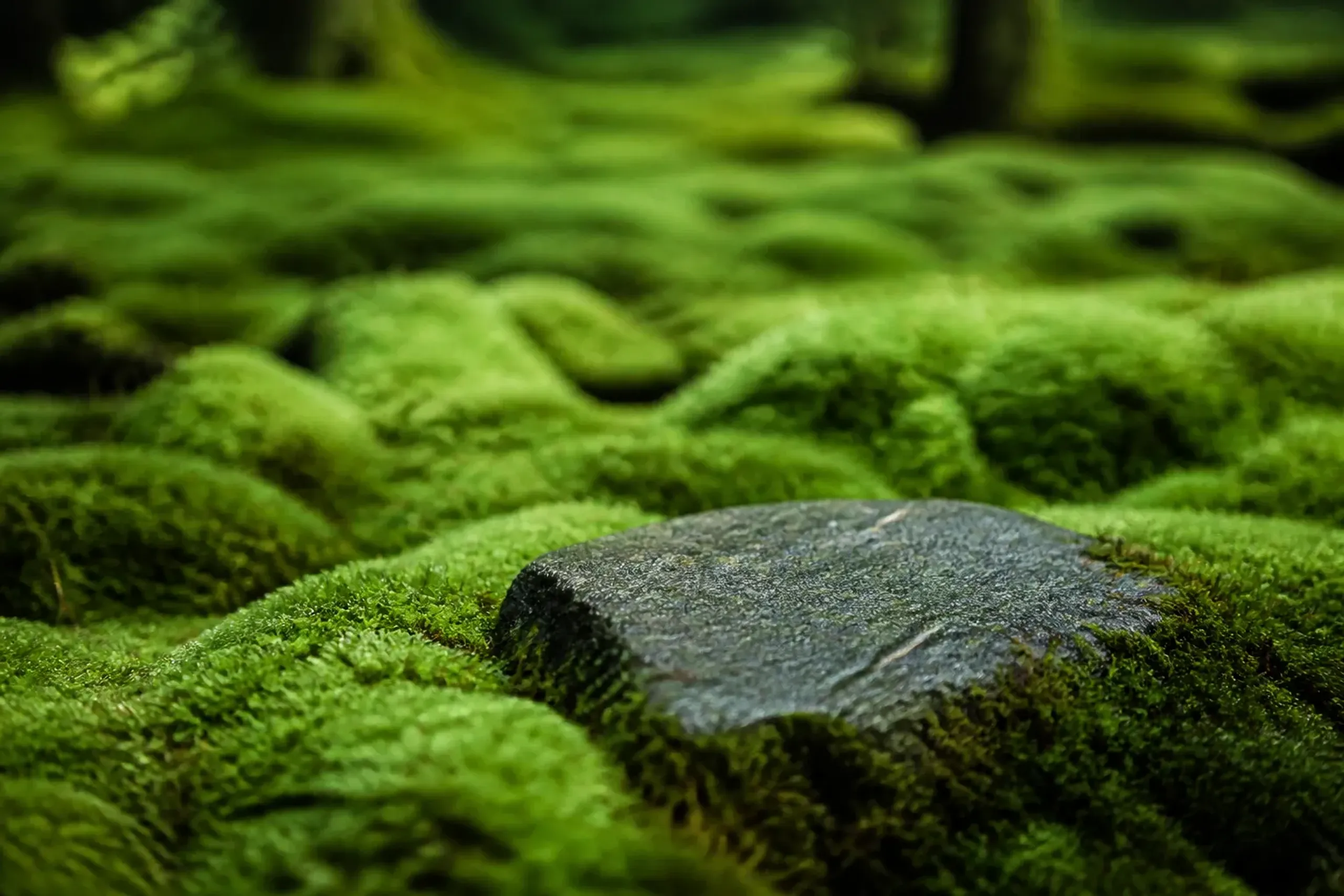 Close view of moss-covered ground and stones at Saihō-ji (Kokedera) in Kyoto