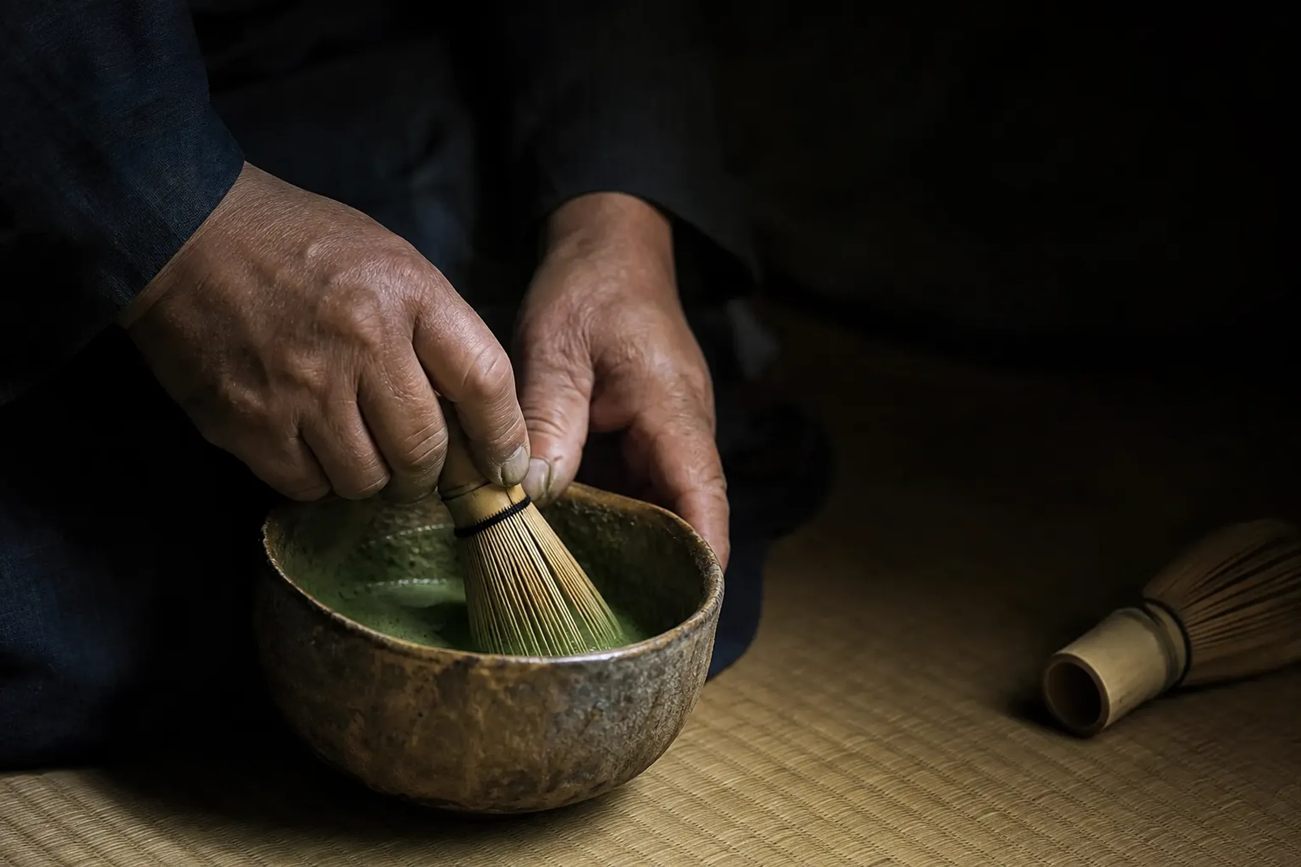the weathered hands of a Kyoto shokunin craftsman whisking matcha in a chawan tea bowl within a dim tatami tea room, bamboo chasen resting nearby