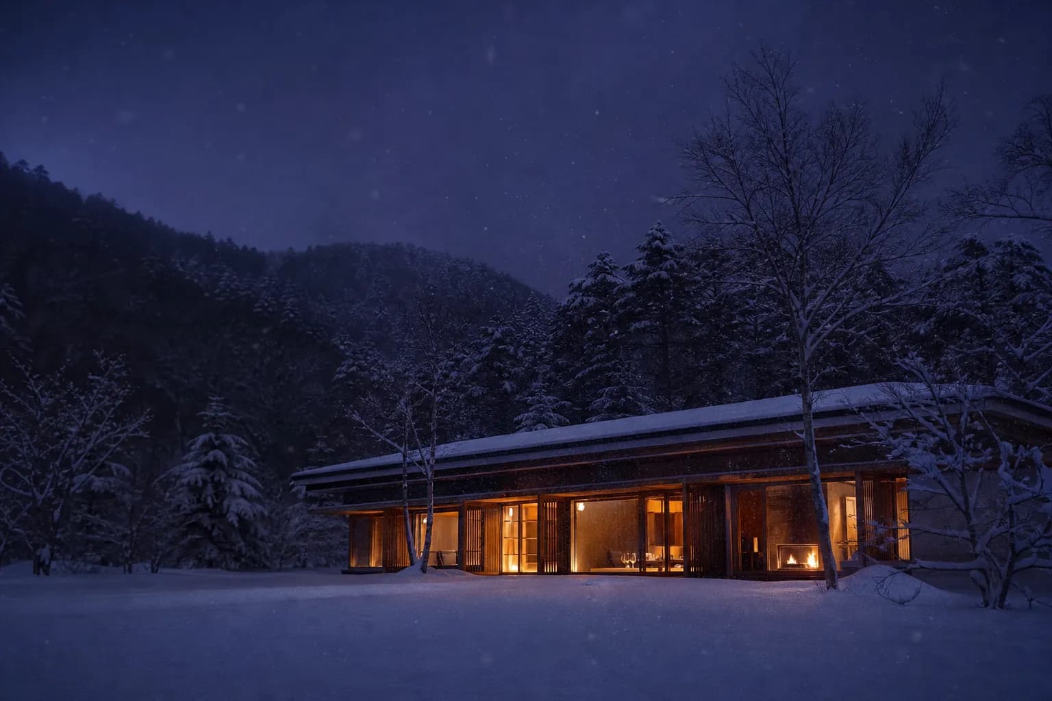 luxury timber estate lodge in a snowy Hokkaido forest at night.