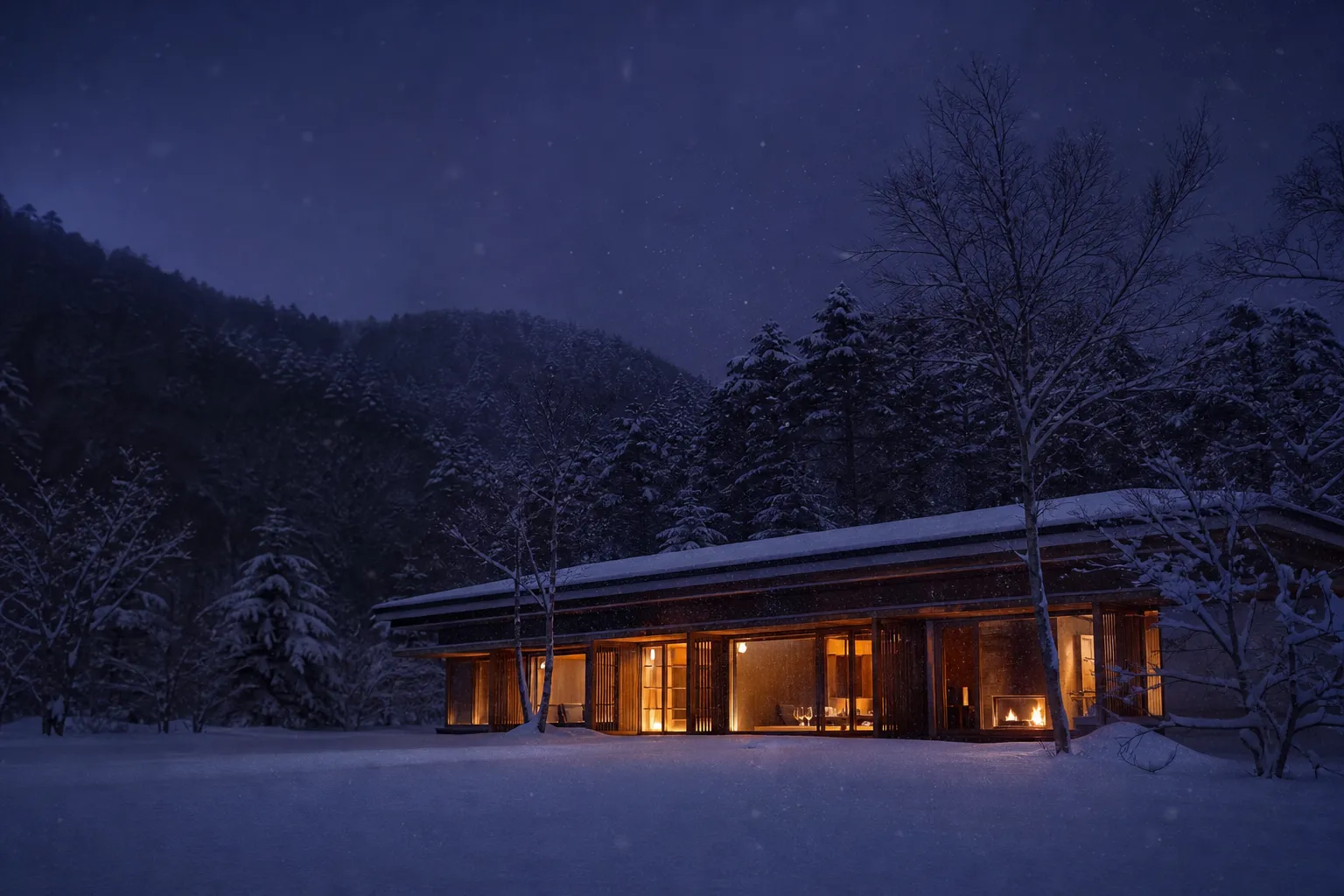 luxury timber estate lodge in a snowy Hokkaido forest at night.