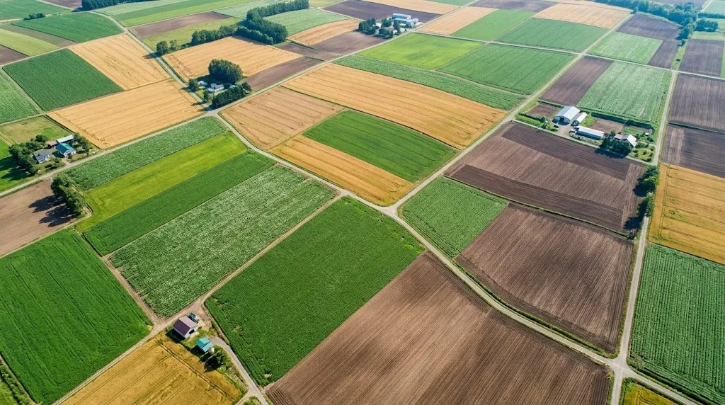 A high-angle aerial photograph showcasing the patchwork fields of Biei, Japan, with irregularly shaped agricultural plots in diverse green, yellow, and earthy brown hues.