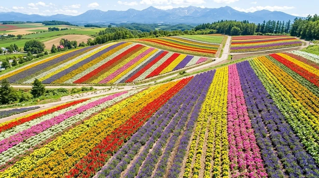 High-angle drone photograph overlooking the expansive rolling flower fields of Shikisai Hill in Biei, Japan, featuring vibrant, multi-colored strips of flowers under a sunny sky.