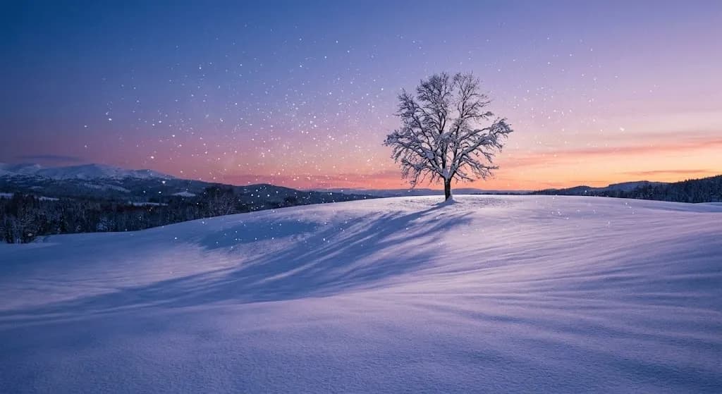 A minimalist winter landscape of a single tree standing in a vast, untouched field of deep white snow in Biei, with sparkling ice crystals in the twilight air.